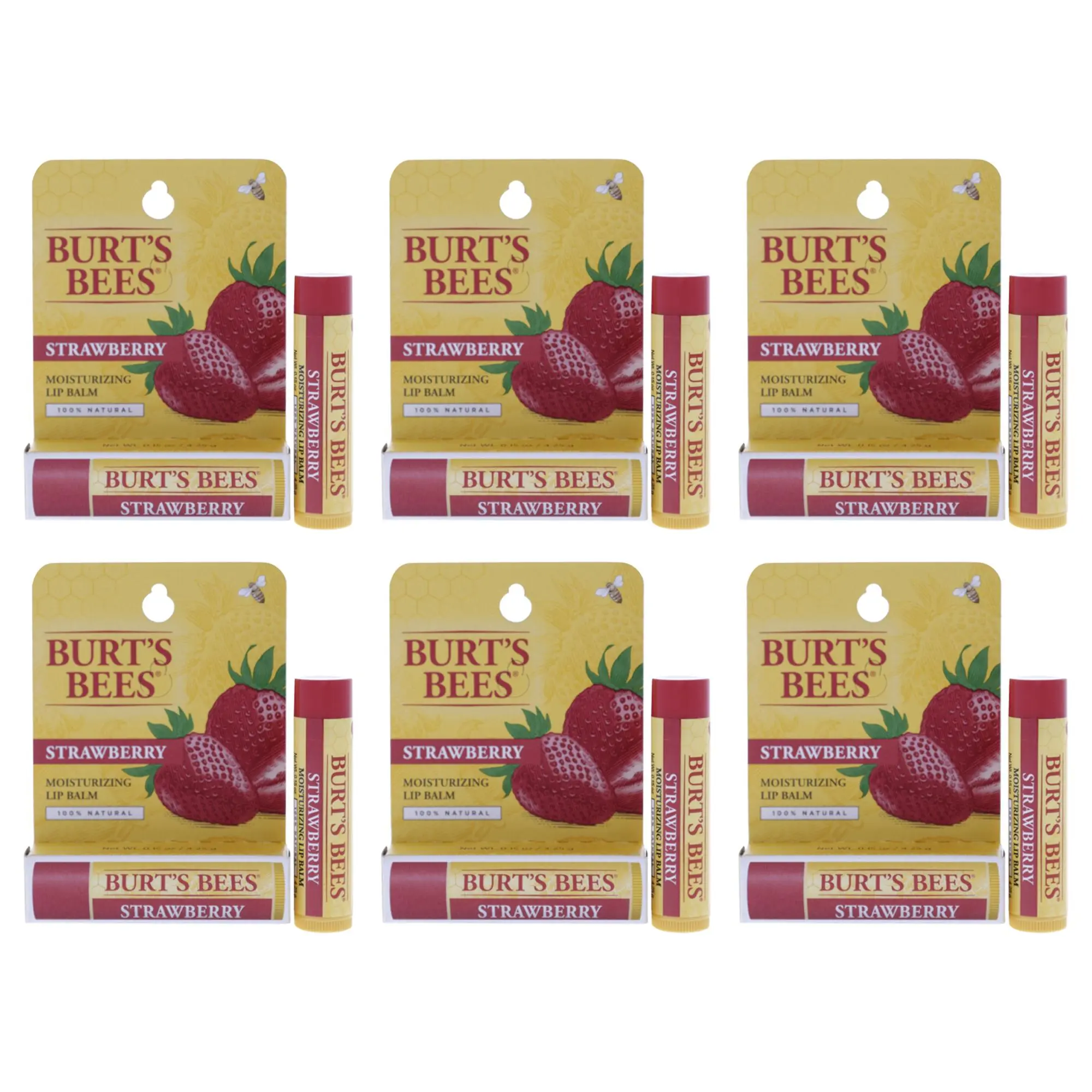 Burt's Bees Strawberry Hydrating Lip Balm Blister Pack - Unisex, 0.15oz, 6 Tubes, for Daily Use