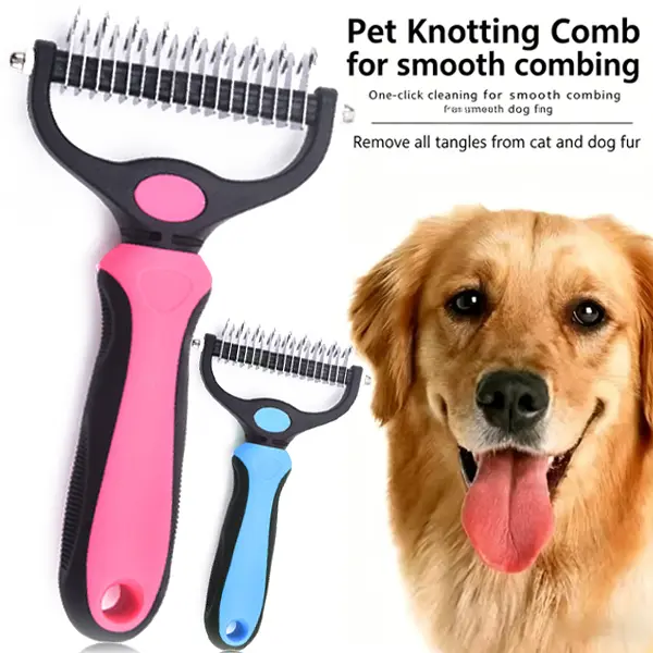 Pet Detangling Comb for Dogs & Cats, Double-Sided Grooming Brush with Undercoat Rake, Shedding & Dematting Tool for Mats, Tangles and Flying Hair, One-Click Clean Pet Grooming Brush