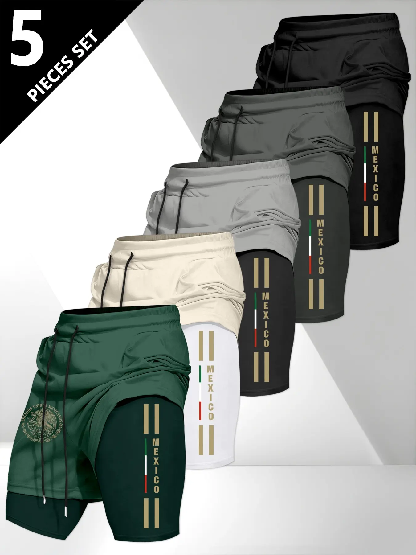 5-Pack Multi-Color Men's Shorts, Active Shorts, Mexican Style Sporty Shorts, Fake Two-Piece Anti-Exposure Design, Ideal for Fitness, Running, Basketball, Graphic Shorts, Loose Fit Shorts, Running Athletic Shorts