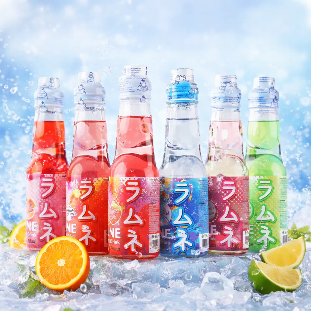 Ramune Japanese Soda Variety Flavors Carbonated Drinks – Marble Soda Drink, Assorted Flavors Peach Melon Mango Strawberry Lychee Orange