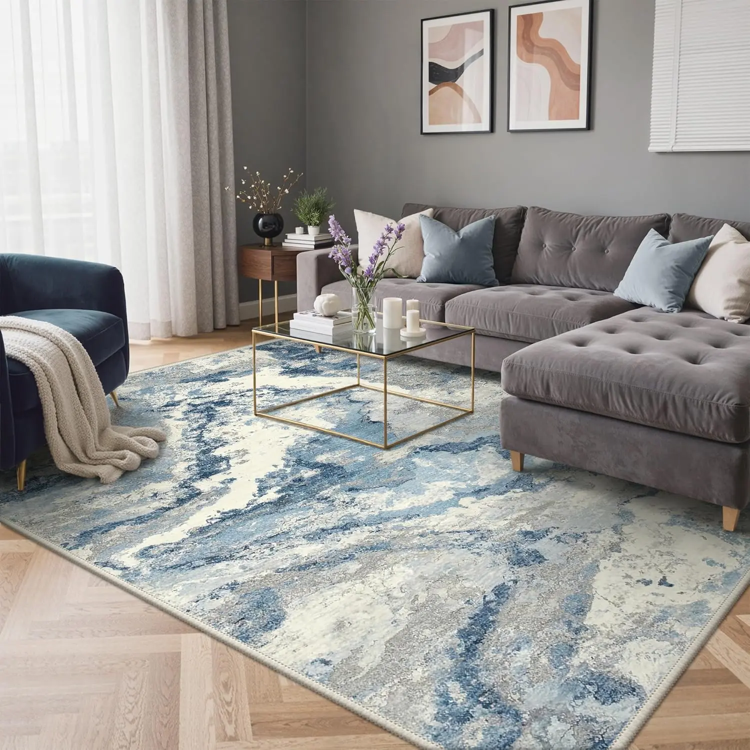 【Back To School】GENIMO Abstract Area Rug Washable Large Modern Rug Non Slip, Low Pile Lightweight Soft Carpet for Living Room, Bedroom, Dining Room, Blue Grey