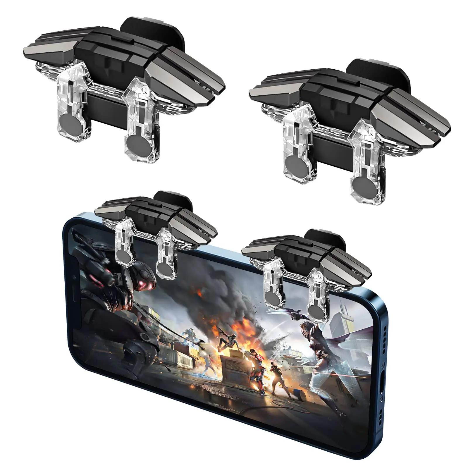 Bluewow Improved Conductive Smartphone Game Trigger Clip Accessories, 2-in-1 Combo with Silver Fiber Thumb Gloves, 6-Finger Shooting Controller Compatible with All Phones, PUBG/Fortnite