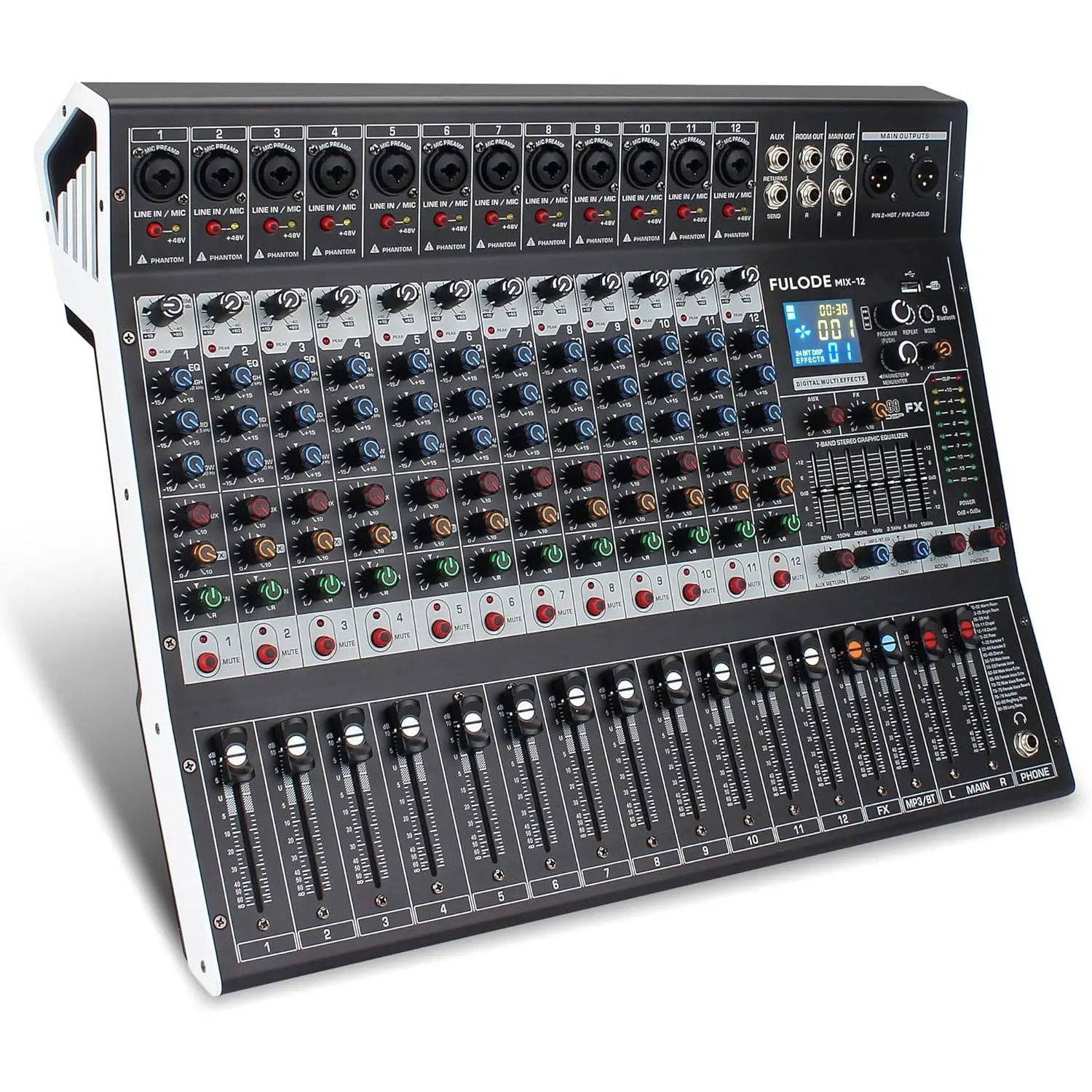 12-Channel Bluetooth Studio Audio Mixer with 99 Bit DSP Digital Processor, USB MP3 PC Recording Input, XLR Mic Jack, 48V Power, Wireless Connection for Karaoke, Smartphone/Mobile Use, Professional & Beginner DJs