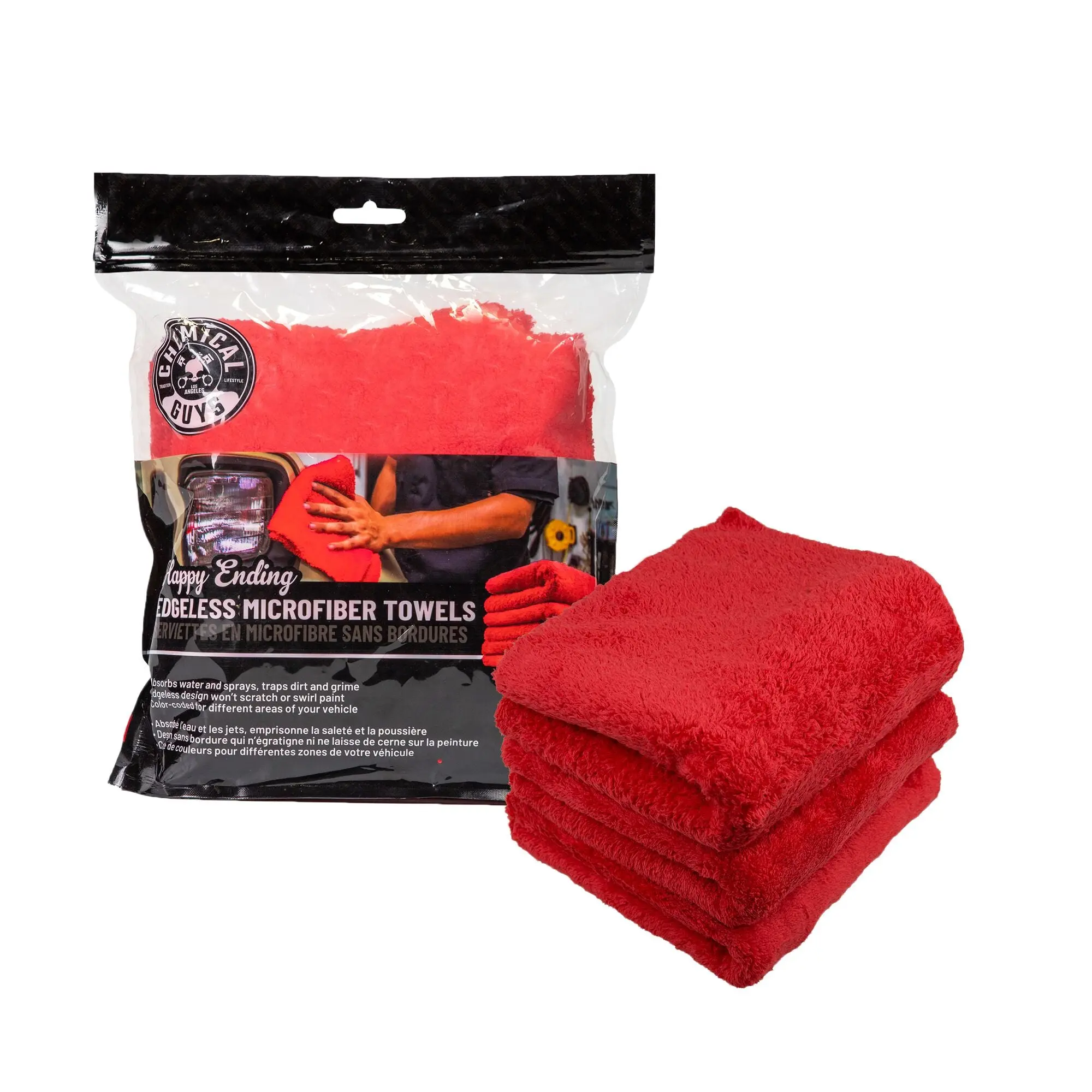 Chemical Guys Happy Ending Edgeless Extra Soft Brushed Microfiber Towels 3-Pack 16”x16” - Quick-Drying, Washable Car Wash Accessories for Final Wipes, Buffing, Paint & Glass, Detailing