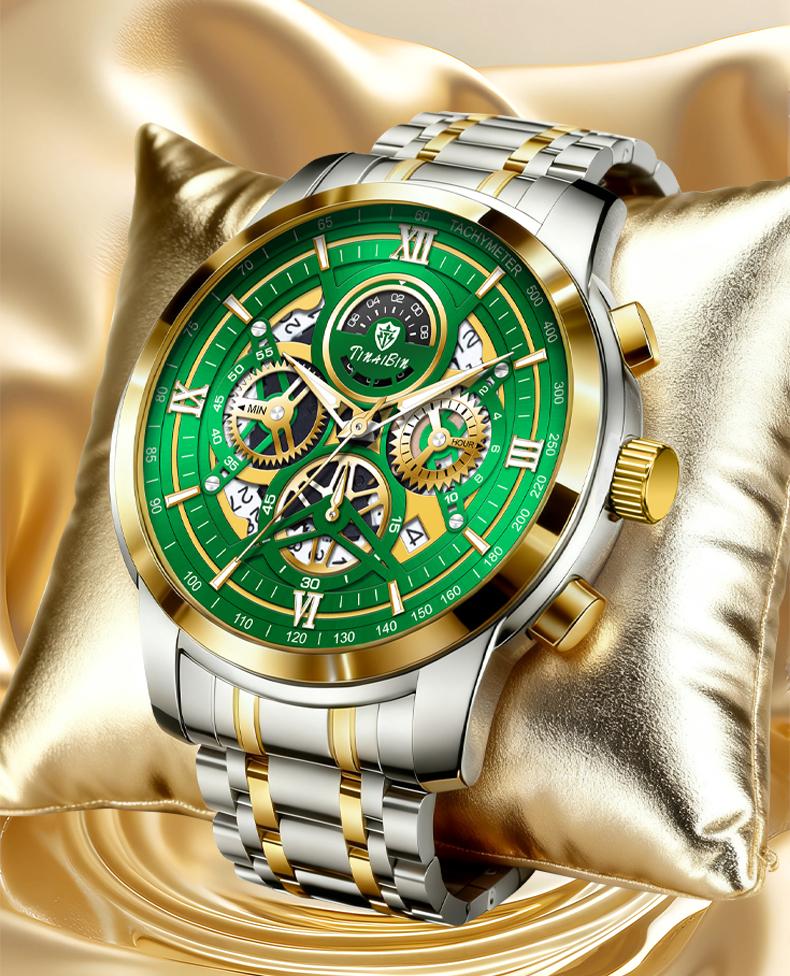 The  men's business fashion watch features an analog quartz movement with a Swiss original core, offering chronograph functionality, luminous display capabilities, and water resistance. Suitable for parties and everyday wear, it also makes an idea