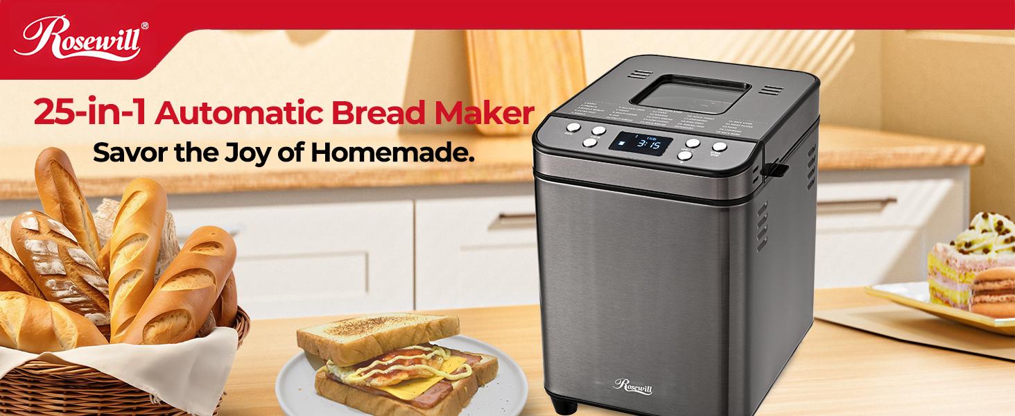 Rosewill 25-in-1 Automatic Bread Maker Machine with 3 Loaf Size up to 2LB, 700W High Power Dual Heater Bread Maker with BPA-free Nonstick Coating Pan, Max 15 Hours Delay Timer, Low Noise - Gray