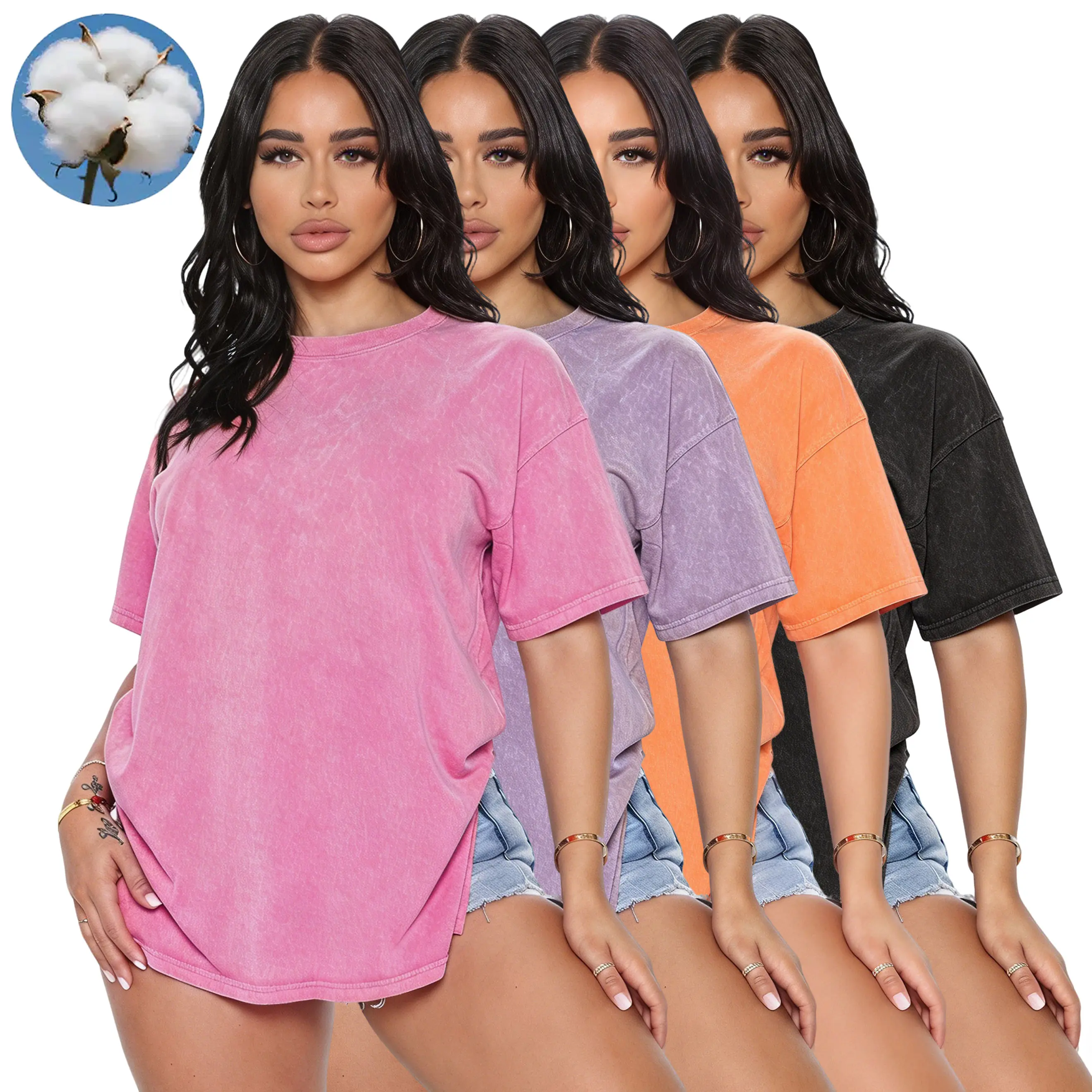Women's 4-Pack Pure Cotton Crew Neck T-Shirts with Short Sleeves, Casual Loose Fit Solid Color Basics with a Distressed Wash,back to school,back to school shopping, Shirts For Women, Round Neck