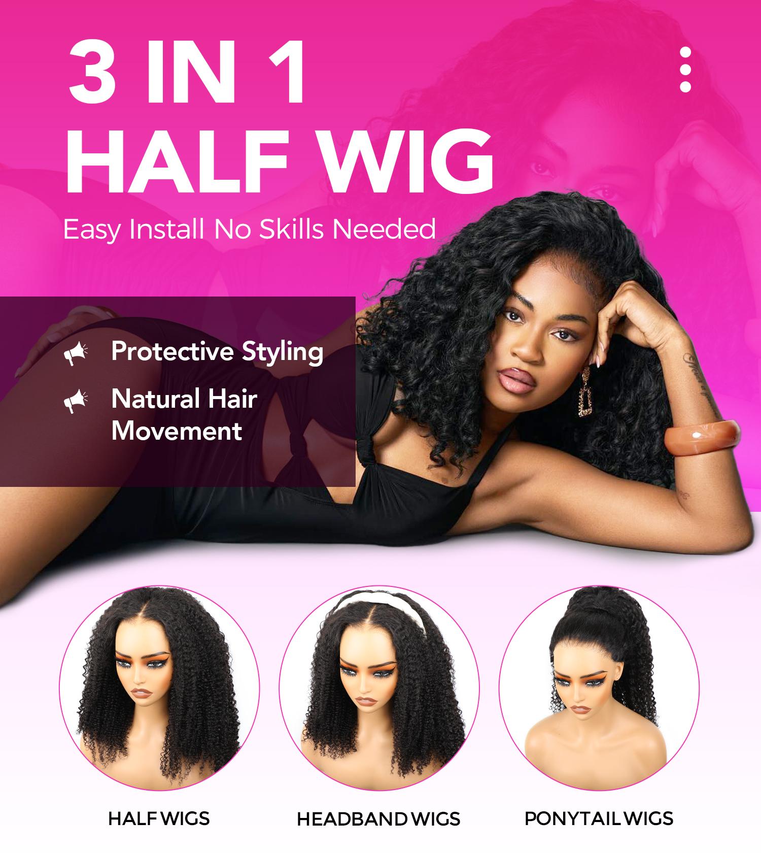 3 In 1 Wear Go Half Wigs Afro Curly Human Hair Glueless Wigs For Women 250% Density With Natural Hairline 100% Human Hair Wigs With Drawstring #springfresh