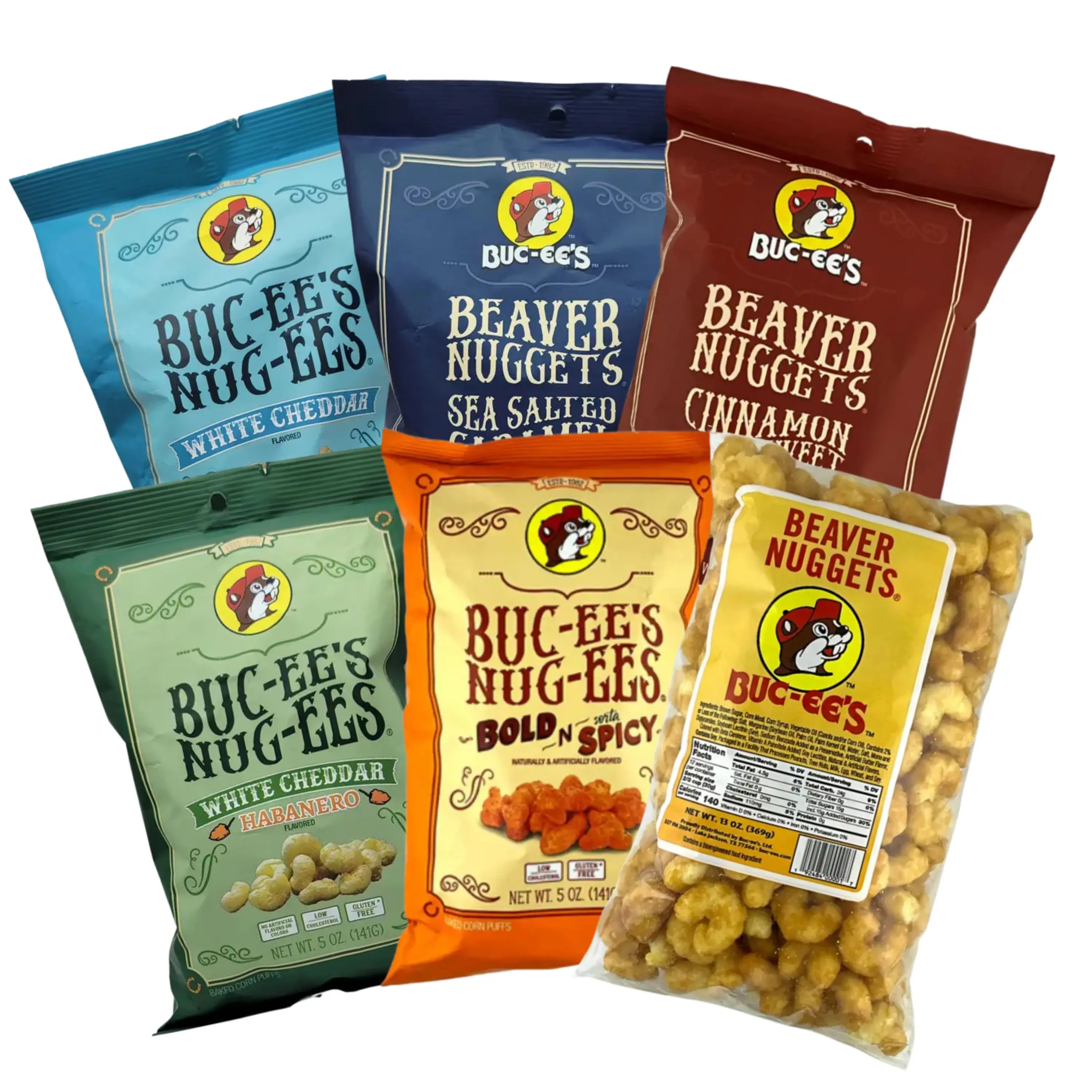 Buc-ee's Beaver Nugget Crunchy Puffed Snacks 6-Pack Bundle - Sweet & Spicy Flavor Variety with Sea Salted Caramel, White Cheddar, Habanero Cheese; Spicy Food for Snack Ideas, Late Night Needs, Snack Packs, Crisps Puffed Snacks