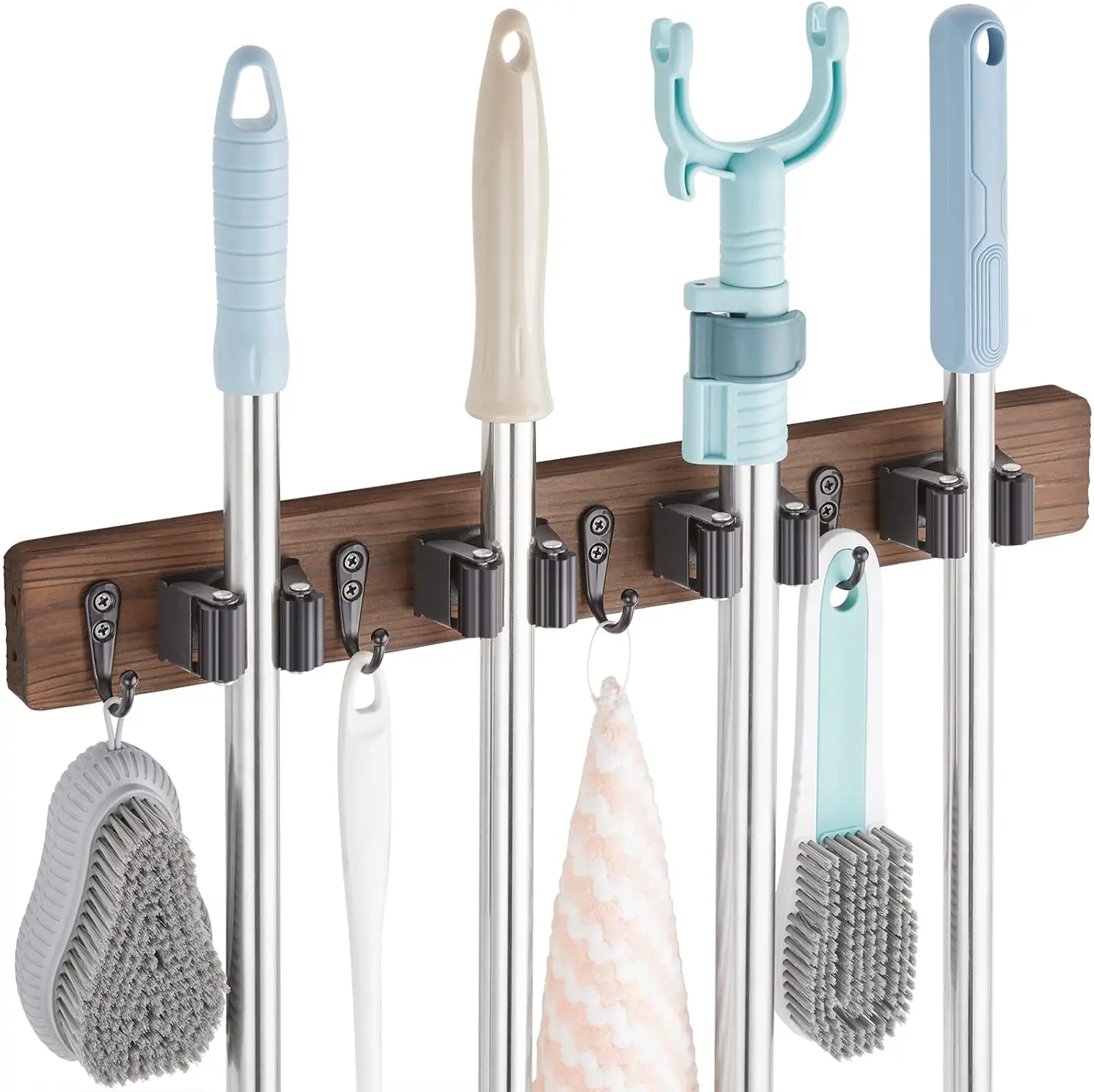 Mop and Broom Holder Wall Mount - Wall Mounted Garden Tool Rack Organizer for Closet Garage Laundry Room Kitchen Decor With 4 Slots & 4 Hooks
