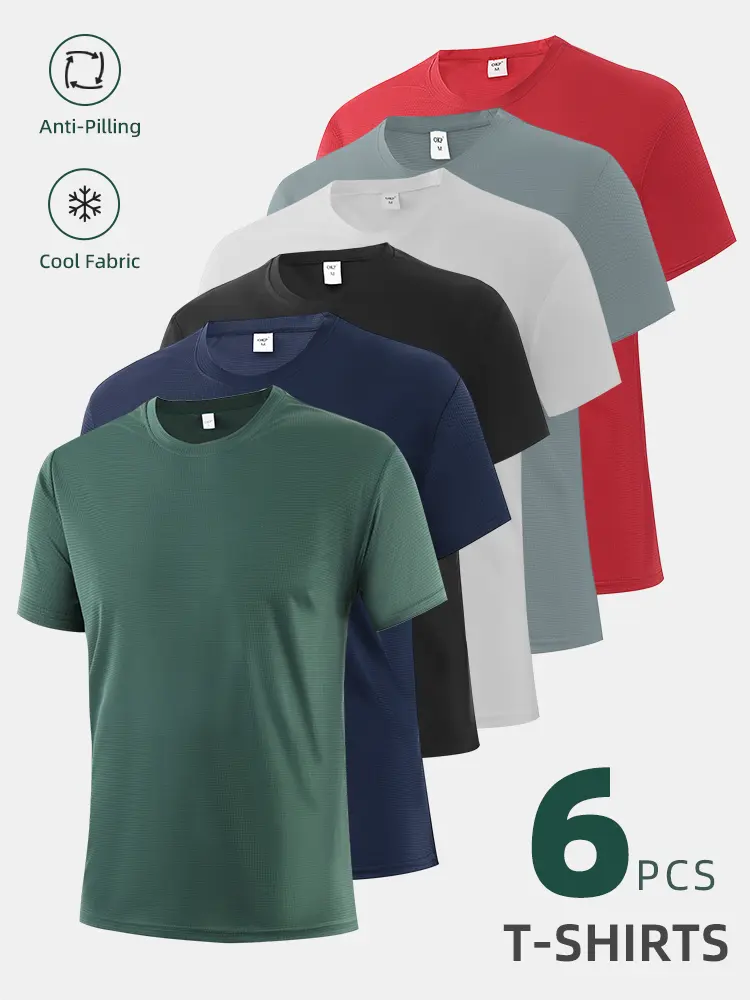 Men's 6-Pack Performance Crew Neck Tees - Textured, Breathable, Anti-Pilling Polyester Fabric, Athletic Fit, Streetwear, Classic, Plain, Short-Sleeve, Multicolor Summer Tops, Shortsleeve, Fitted, Menswear, Grid, Men's T Shirts, Gym, Sport Vintage, Easy Ca