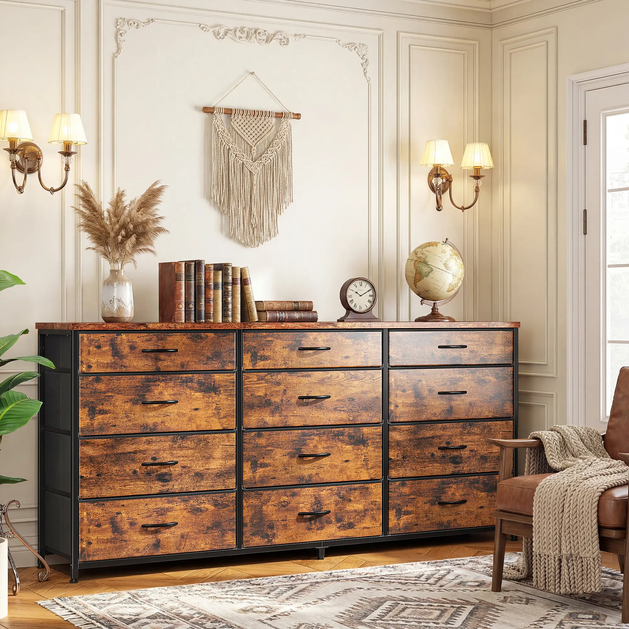 Raybee 55" Long Dresser for Bedroom with 12 Fabric Drawers, Sturdy Metal Frame & Easy Assembly, Entertainment Center for up to 55 inch TV, Large Storage Capacity Organizer for Closet, Living Room, Space-Saving Lightweight Chest of Drawers with Wood Top