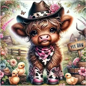 DIY 5D Diamond Painting Kit, Cute Highland Cow in Cowboy Outfit with Chicks, Whimsical Farm Craft Gift for Western Style Home Decoration
