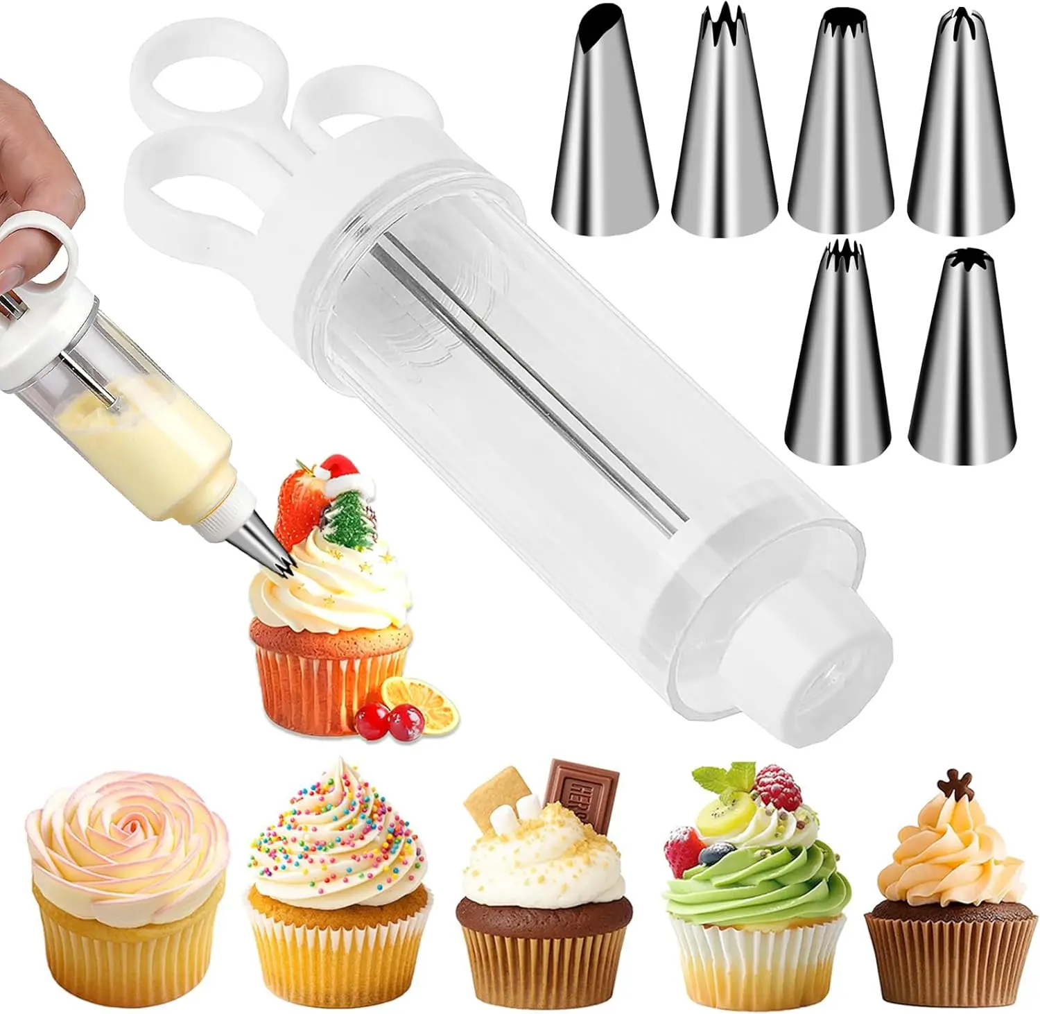 White Cupcake Icing Piping Kit, Easy to Use Plastic Reusable Cupcake Injector with 6 Stainless Steel Icing Nozzles Durable Dessert Cream Decorating Tools for Cooking Baking