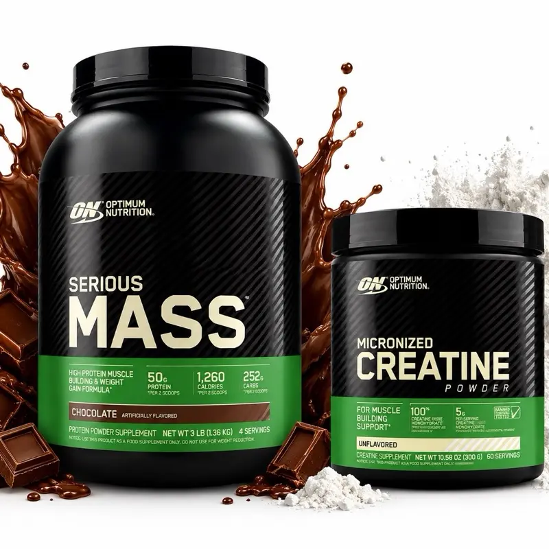 Optimum Nutrition Serious Mass Protein Powder & Micronized Creatine Monohydrate Supplement Stack - 6 lbs Total, Chocolate/Unflavored, Sucralose-Free, Gluten-Free, Quick Mix, Prop 65 Safe, Metabolism-Boosting Fitness Supplement Pack for Adults