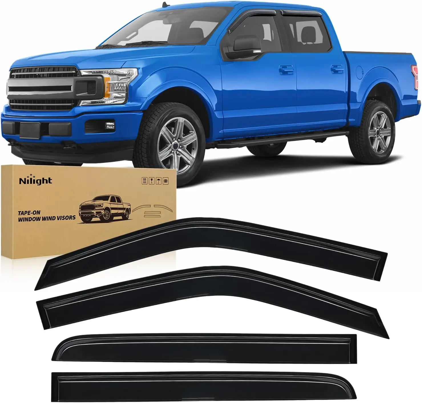 Nilight Tape-On Side Window Visors - 4PCS Modified Acrylic Car Accessories, Rain Guards, Heat-Bond Mount Wind Guard for Ford F150 Crew Cab (2015-2024, Not Fit Lariat/Raptor) with Mirror Fog Prevention