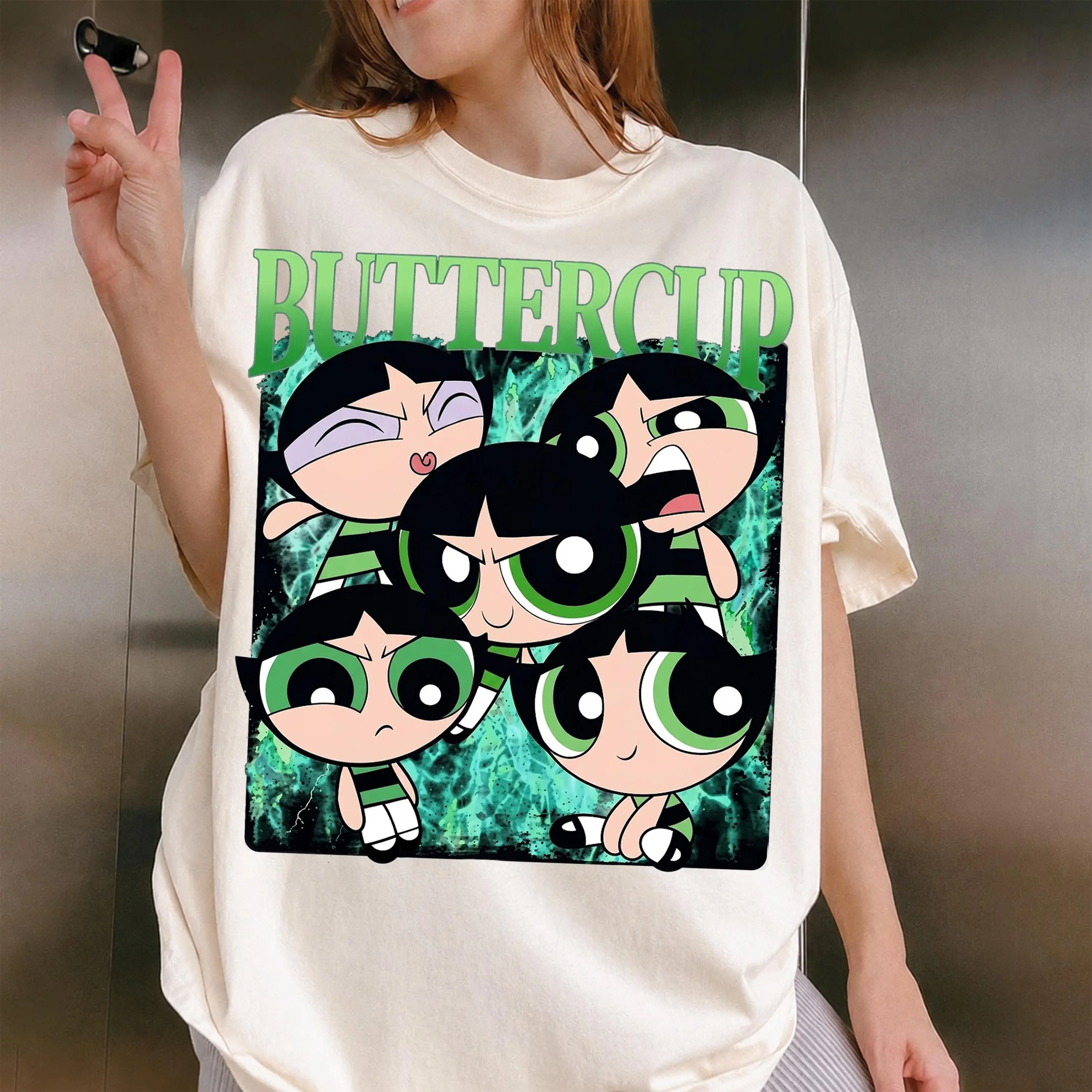 Unisex Buttercup Powerpuff Girls Graphic Tee for Women, Vintage 90s Cartoon Bootleg Style Oversized T-Shirt, Y2K Nostalgia Top