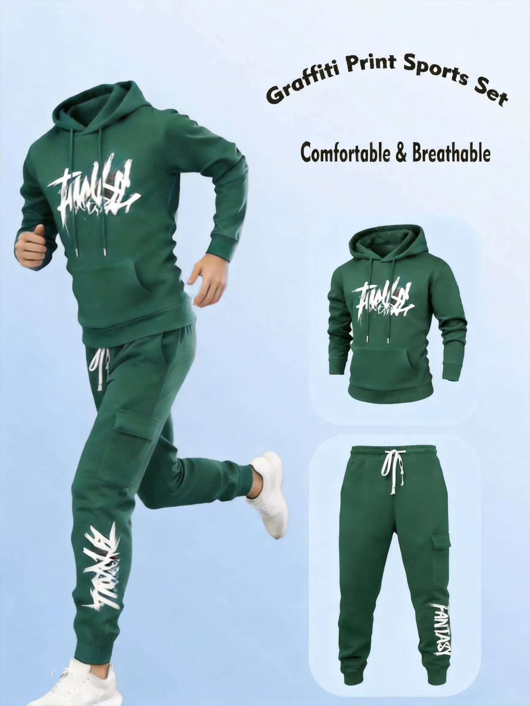 Men's 2-Piece Menswear Matching Clothing Set - Long Sleeve Hoodie & Cargo Joggers, Graffiti Print, Cargo Pockets, Casual Lounge Outfit, Casual Lounge Set, Graffiti Letters
