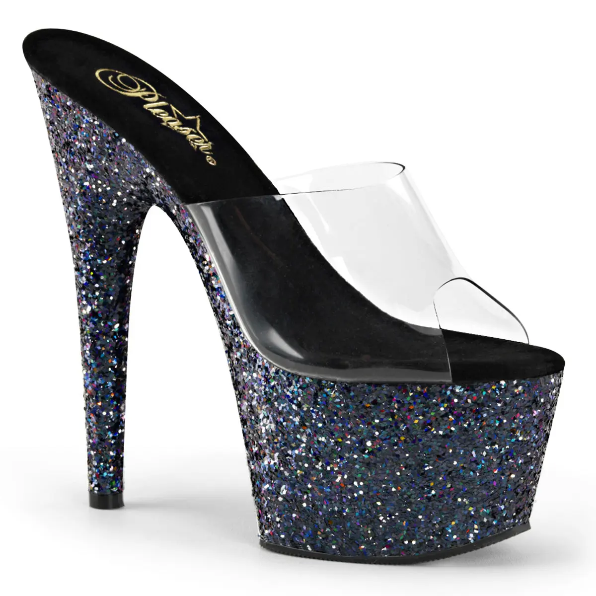 Pleaser Women's Adore-701LG Clear/Black Hologram Glitter Platform Slide Sandals, 7" Stiletto Heel Nightout Shoes, High Heels, Slip On, Footwear, Holographic, 7 In, Glittered, Slide-On