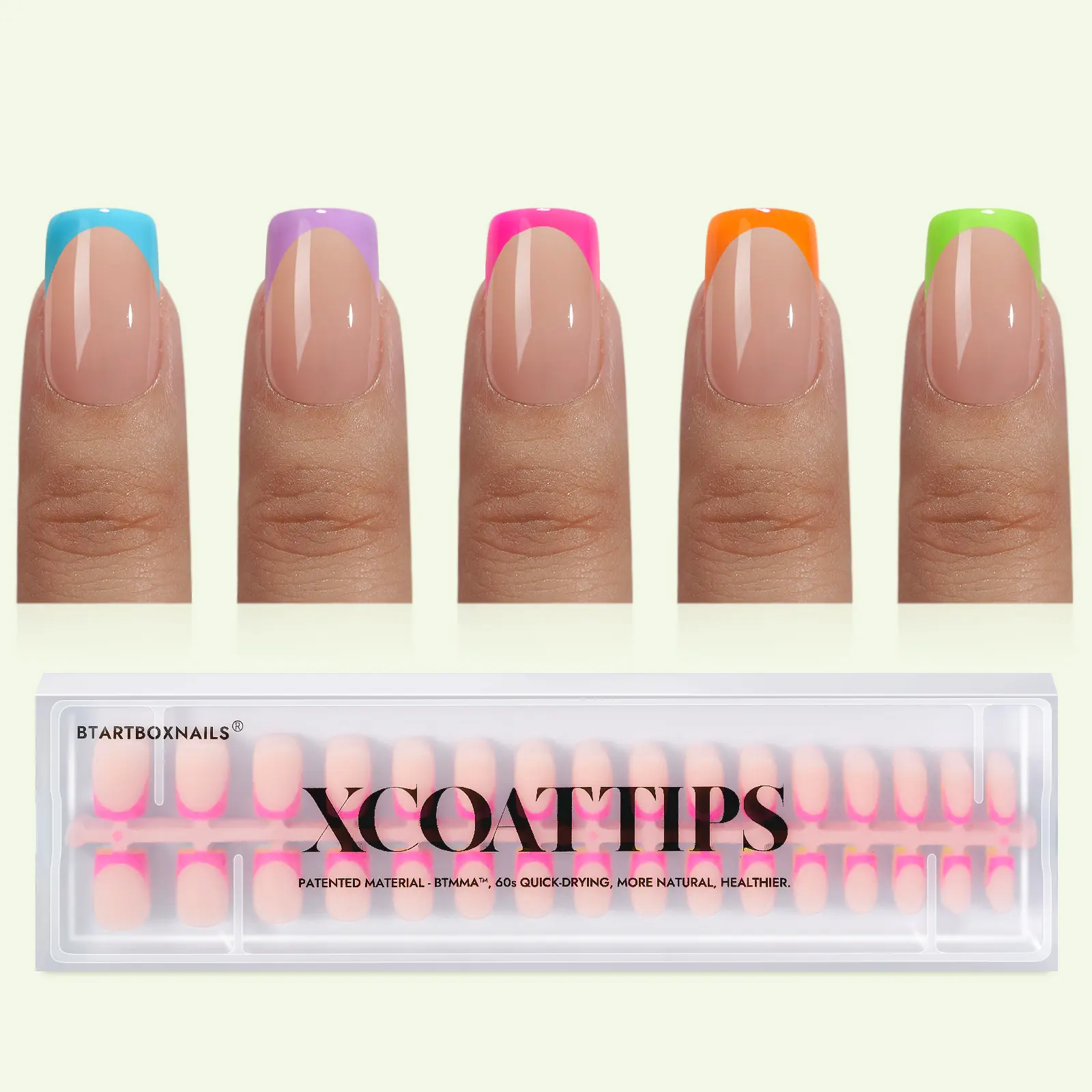 BTArtboxnails XCOATTIPS 5 Brighter pastel Press on Nails -  Square or Almond or Coffin French Tips, ,4-Week Wear Soft Gel False Nail, Salon Quality Value at Home, 16 Size - 160 Fake Nails or Cat Eye Base