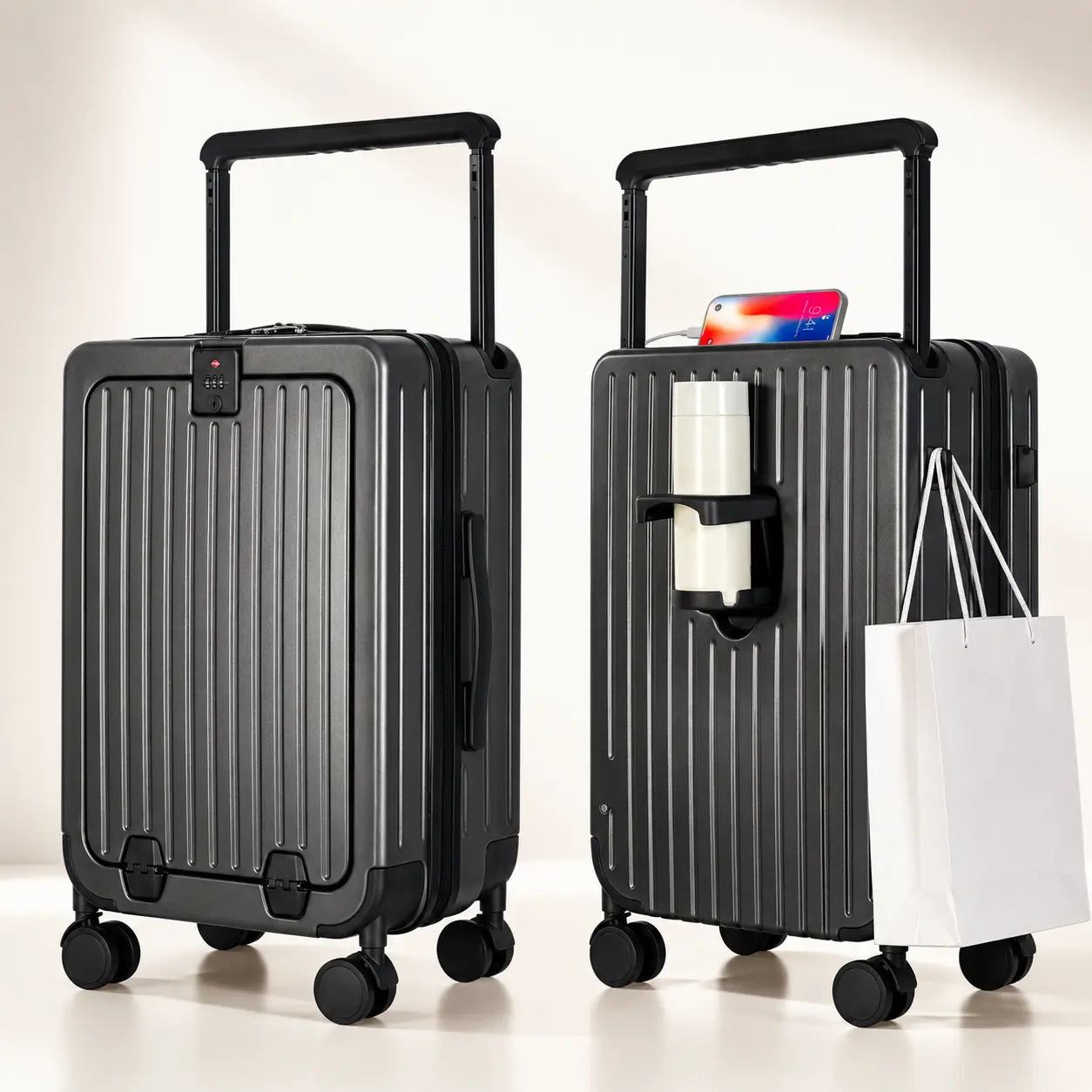 Ronasta  Hard Shell Polycarbonate Luggage - 20/24in Travel Lightweight Bag, Functional Lock Robust Checked Luggage, Flat Middle, Impact-Resistant Shell, Double Spinner Wheels, TSA Lock, Front-Open Laptop Compartment, USB Ports, Ideal for Business Trips
