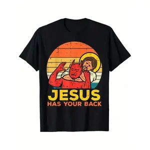 100% Cotton Jesus Has Your Back Jiu Jitsu Retro Christian Men T-Shirt Selected pure cotton interesting design DIY short sleeve t-shirt for men, soft and breathable