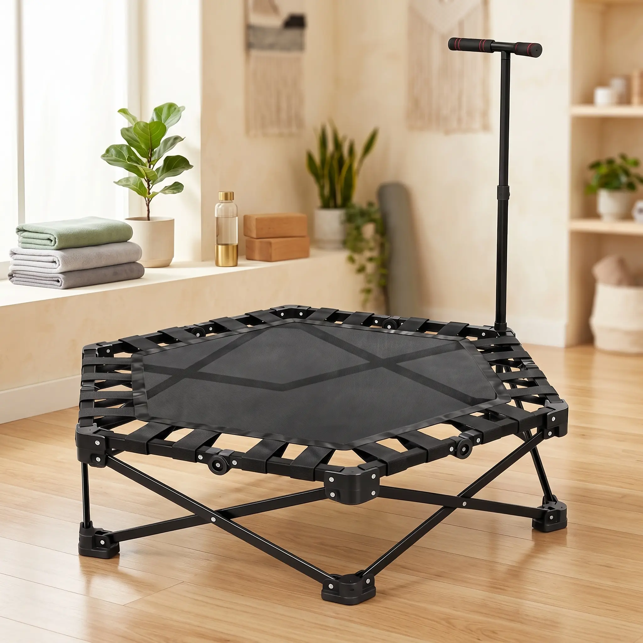 Max4out 42-Inch Heavy-Duty Portable Foldable Mini Trampoline Rebounder for Adults, Padded Height-Adjustable Foam Handrail, Compact Sturdy Indoor Home Gym Cardio Full-Body Fitness Gear, Black