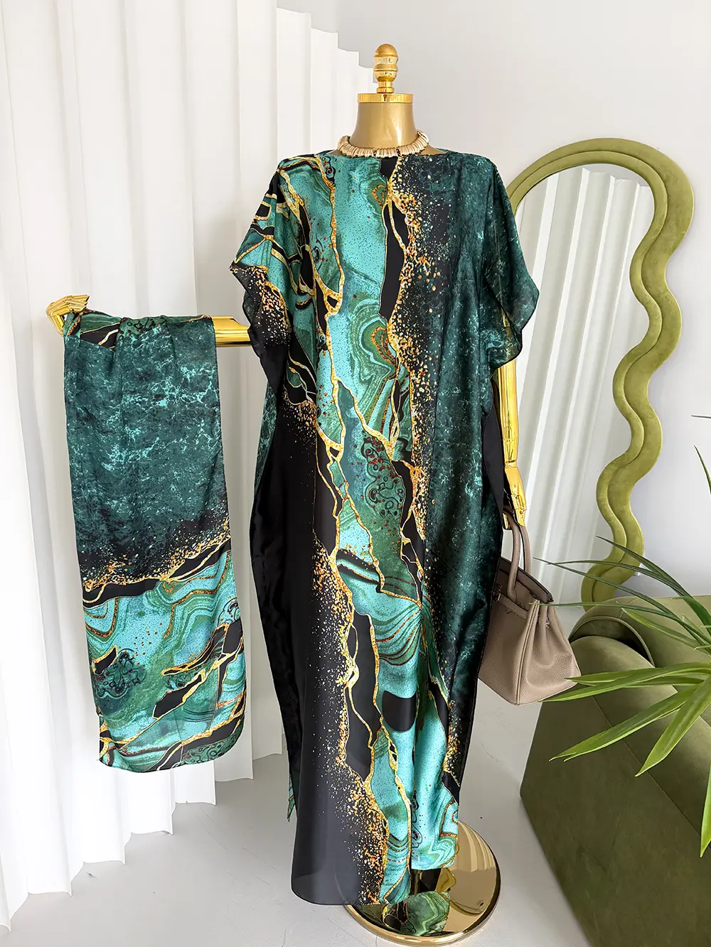 Emerald Marble Print Kaftan Maxi Dress & Scarf Set – Elegant Loose Fit Long Robe with Gold Vein Accents, Boho Beach Cover Up & Lounge Wear for Women, Soft Flowy Fabric Summer Vacation Outfit