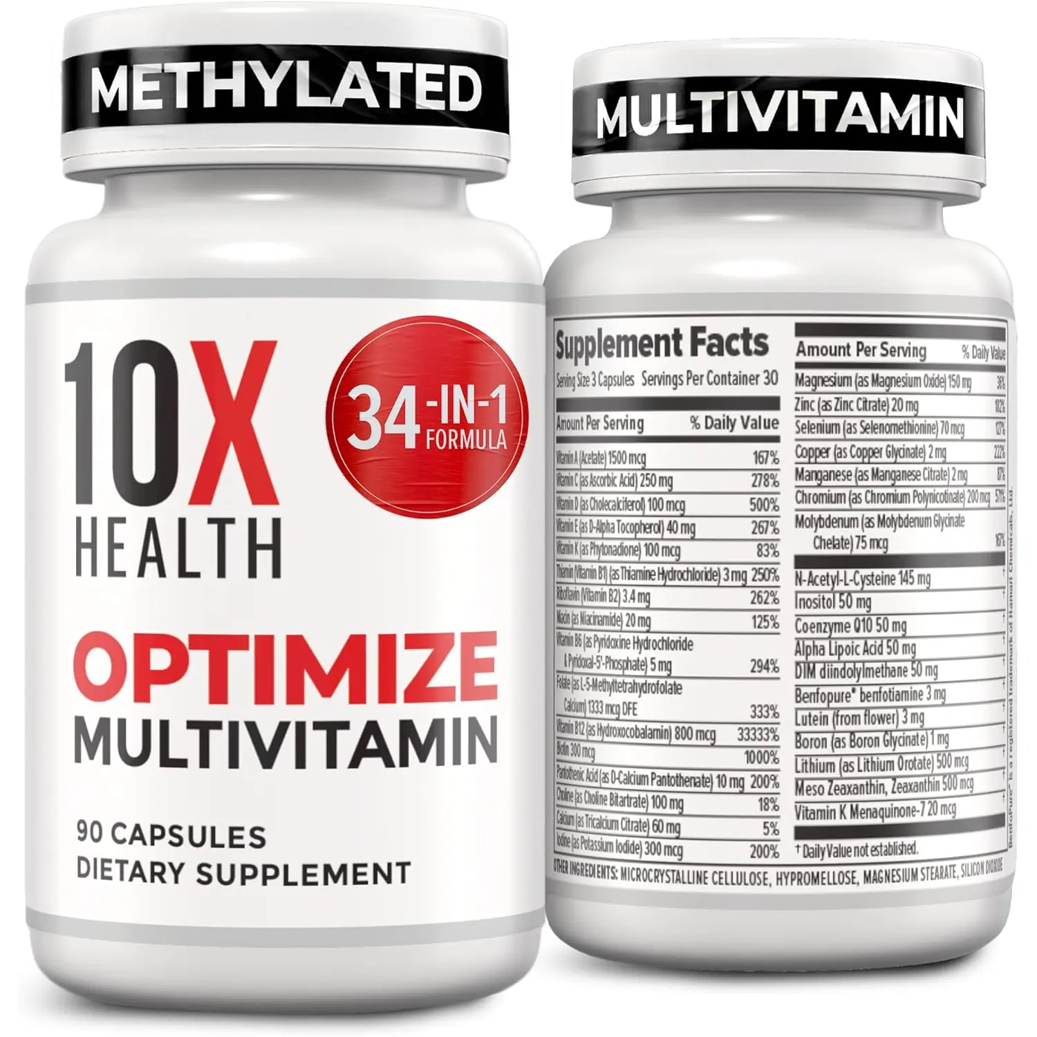 10X Health Optimize Multivitamin - 90 Capsules, Methylated Multivitamin 34 in 1 Formula with 800 mcg of Vitamin B12, 5-MTHF, NAC - Methyl B Complex, MTHFR Supplement