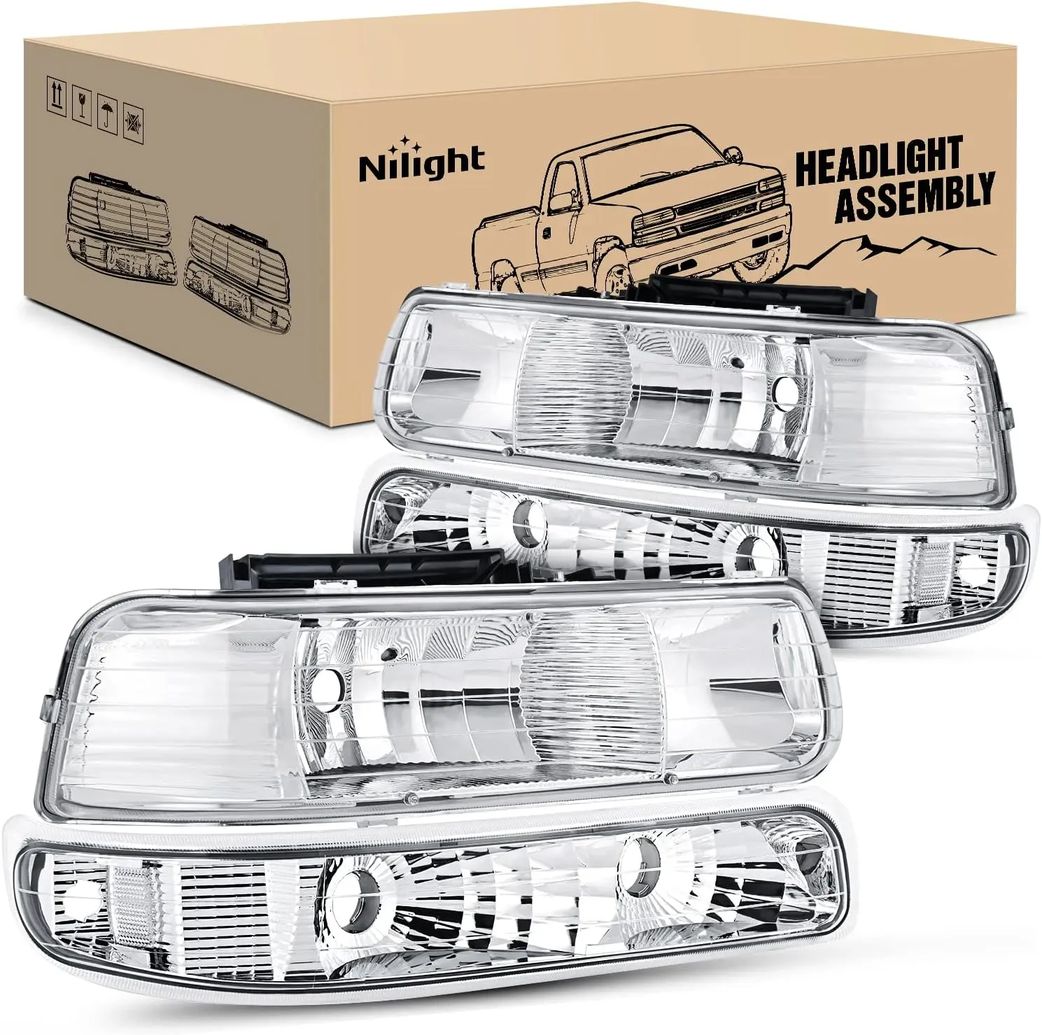Nilight Vented Anti-Fogging IP65 Adjustable Beam Car Headlight Assembly - Headlight Vented Replacement Headlamp Housing & Bumper Lights Set for 1999-2002 Chevy Silverado 1500/1500HD/2500/2500HD/3500, Tahoe, Suburban, Car Headlights