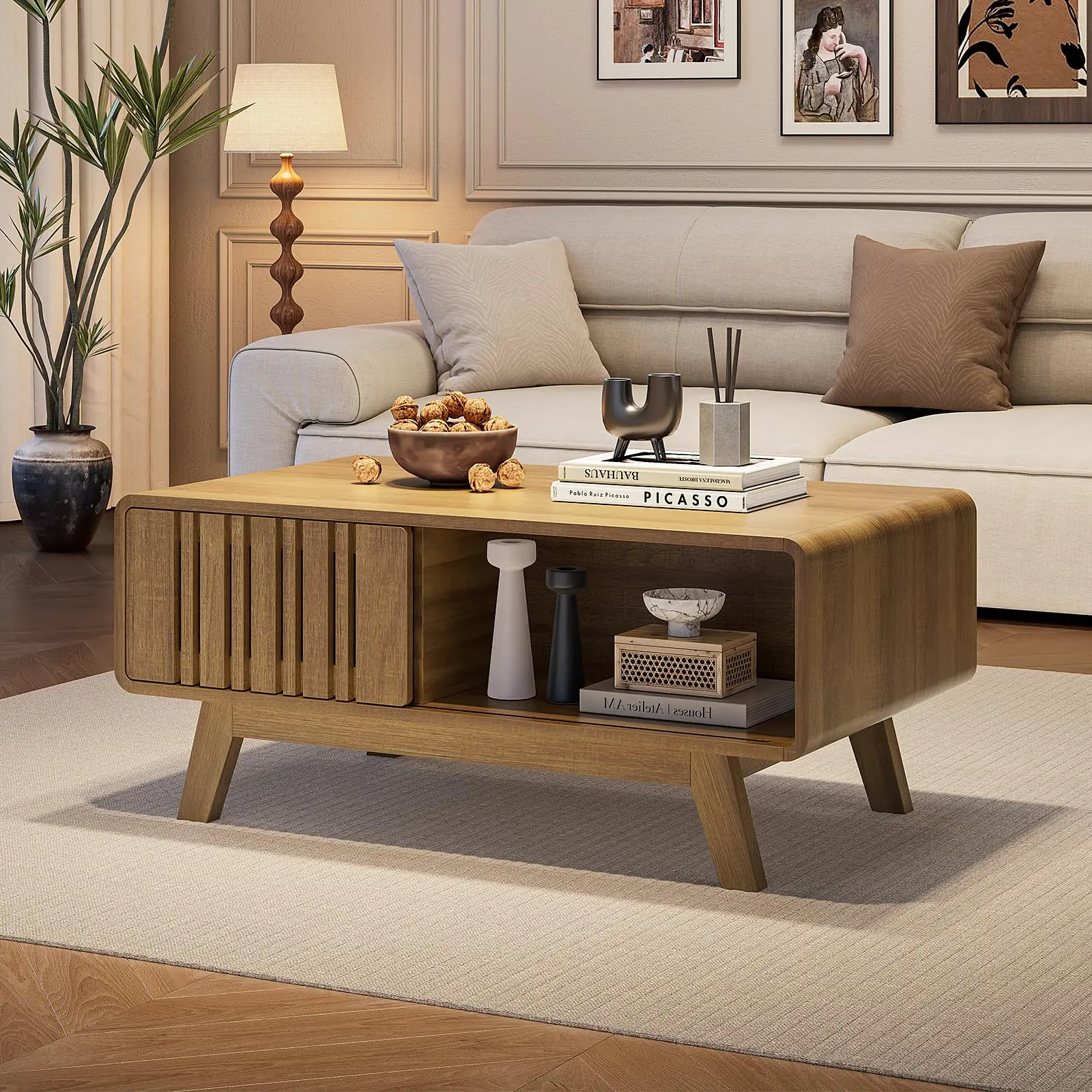 【BackToSchool】ONBRILL Coffee Table, Mid Century Modern Table with Storage Compartment, Fluted Table with Sliding Cabinet Door, Farmhouse Wood Coffee Table for Living Room,dorm essentials,home decor