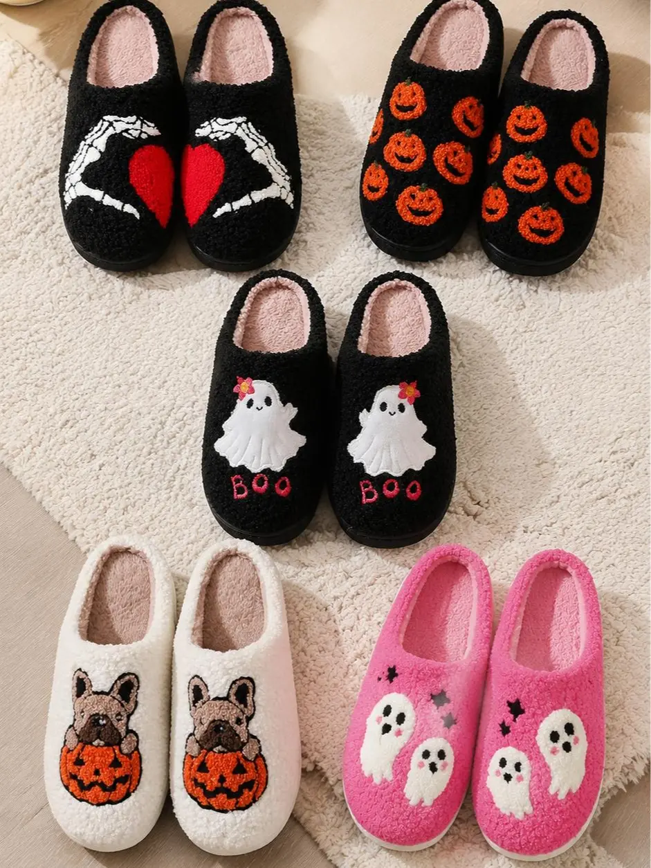 Womens Soft Plush Slide Slippers Cute Print Thick Non Slip Sole Warm Cozy Winter Indoor Bedroom Home Slides Gift