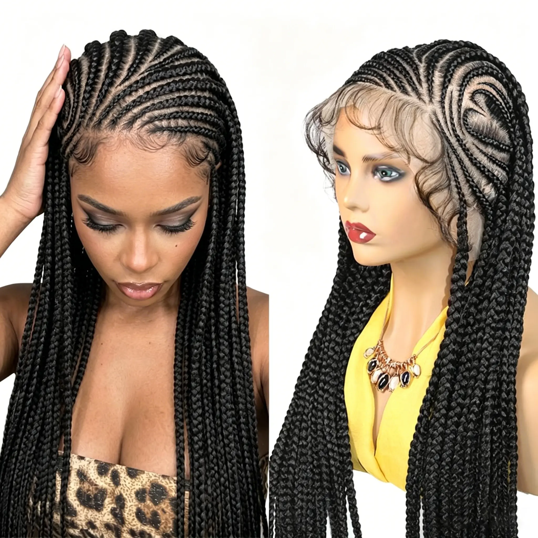 36Inch Knotless Box Braided Wigs Synthetic Full Lace Cornrows Braids Wig Goddess Fulani Braiding Wigs Heart Shape For Women