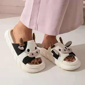 Women’s Comfortable Linen Slippers with Non-Slip Sole Cute Cow Print Design Cozy All Season Indoor Home Footwear Functional Lounge Shoes