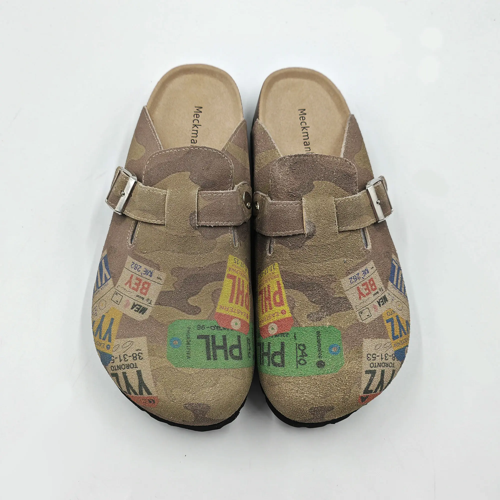 Meckmanly Camo Airline Luggage Tag Print Suede Clogs Mules Men Adjustable Metal Buckle Cork Footbed Slip On Closed Toe Slide Sandals Casual Walking Shoes