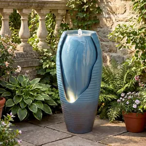 COSTWAY 32" Outdoor Jar Water Fountain with LED Lights, Vintage Blue Cracked Jar Design, Cascading Waterfall with Adjustable Pump, Resin Patio Water Feature for Garden, Balcony, Porch, Indoor Decor