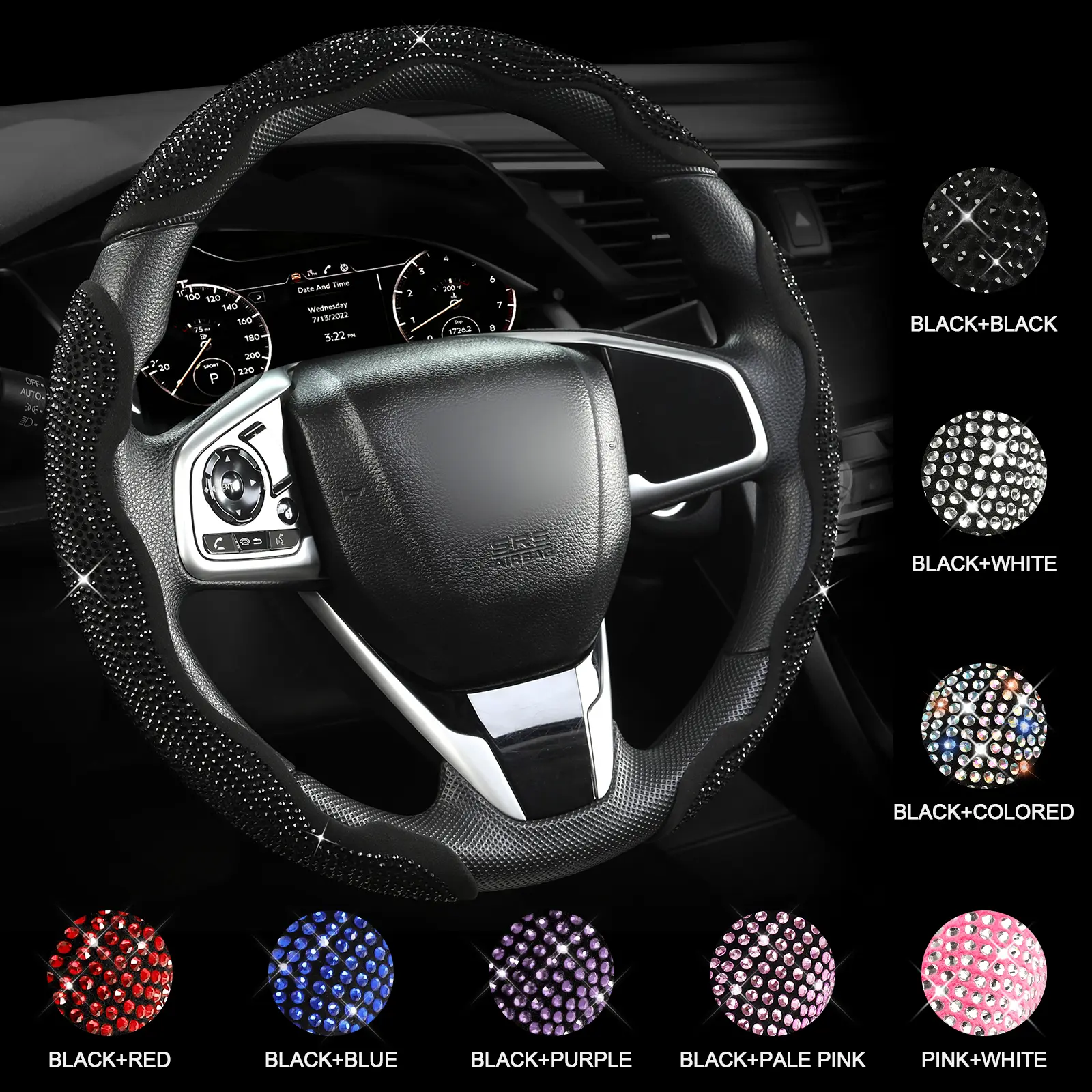 Queen's Land Sparkly Universal Steering Wheel Cover with Crystal Rhinestones Diamond Bling Car Decor Gift for Girls Women Red Pink Purple Black Car Accessories for Truck SUV