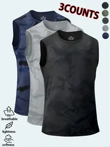 Men’s breathable quick-dry sleeveless tank top, pack of 3; lightweight thin men’s crewneck T-shirt tank; made from ice silk fabric; suitable for outdoor sports, everyday casual wear, and fitness training.