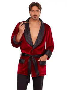 Leg Avenue Men's Deluxe Bachelor Hugh Halloween Costume - Red Velvet Smoking Jacket with Quilted Satin Collar & Matching Belt for Summer Parties