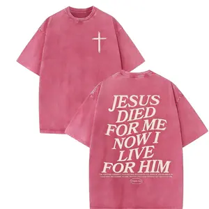Oversize Acid Wash Christian Shirt  Retro Washed T-  Shirt  Double Sided Printed 230 Pure Cotton Jesus Died For Me Now I Live For Him Letter Print  Gift Men's Casual Comfortable y2k Vintage Streetwear Festive Top