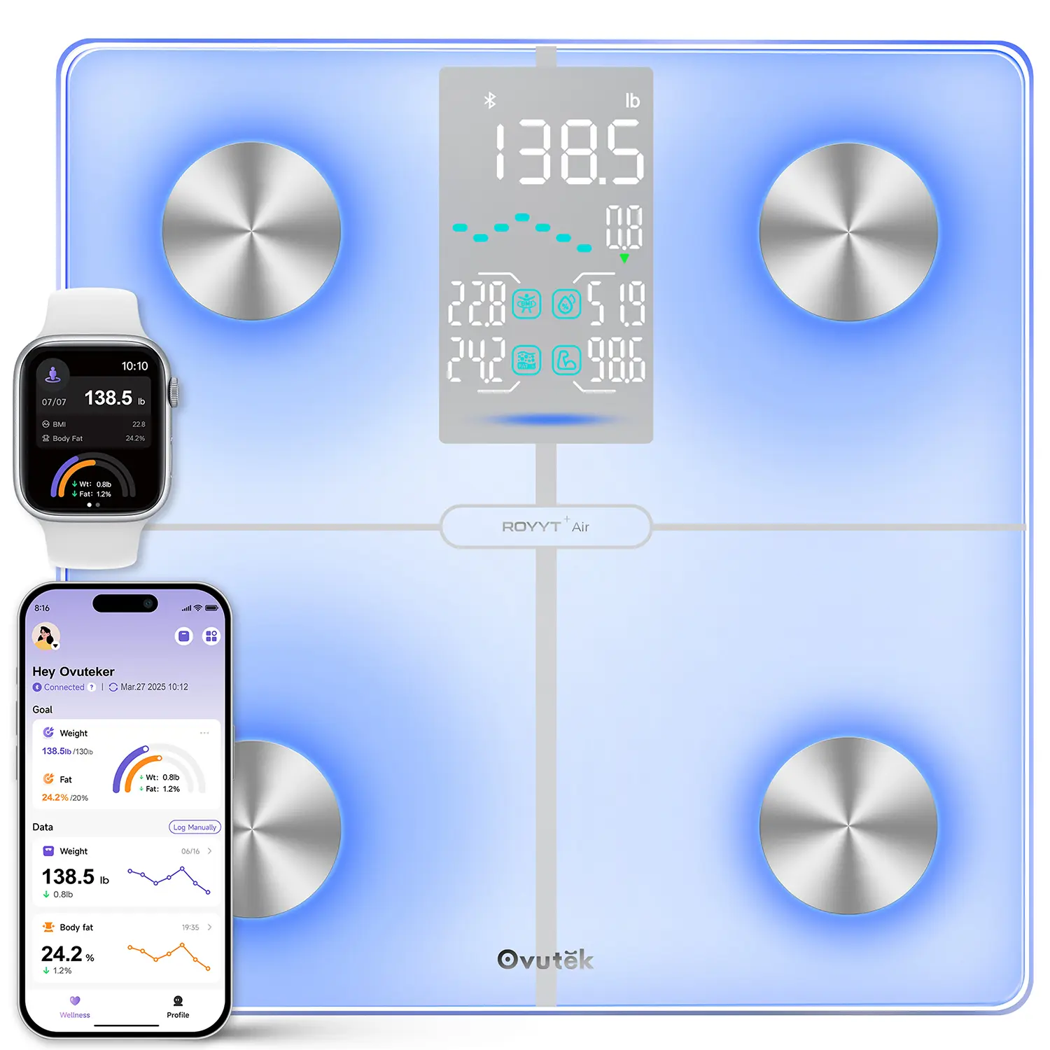 OVUTEK Bathroom Smart Body Fat Scale with 7-Color Glowing Screen (Green/Loss, Red/Gain, Blue/Stable),  Smart Body Fat Scale Data Display Screen, 14 Body Composition Metrics, Color-Changing Lights,  Fitness App
