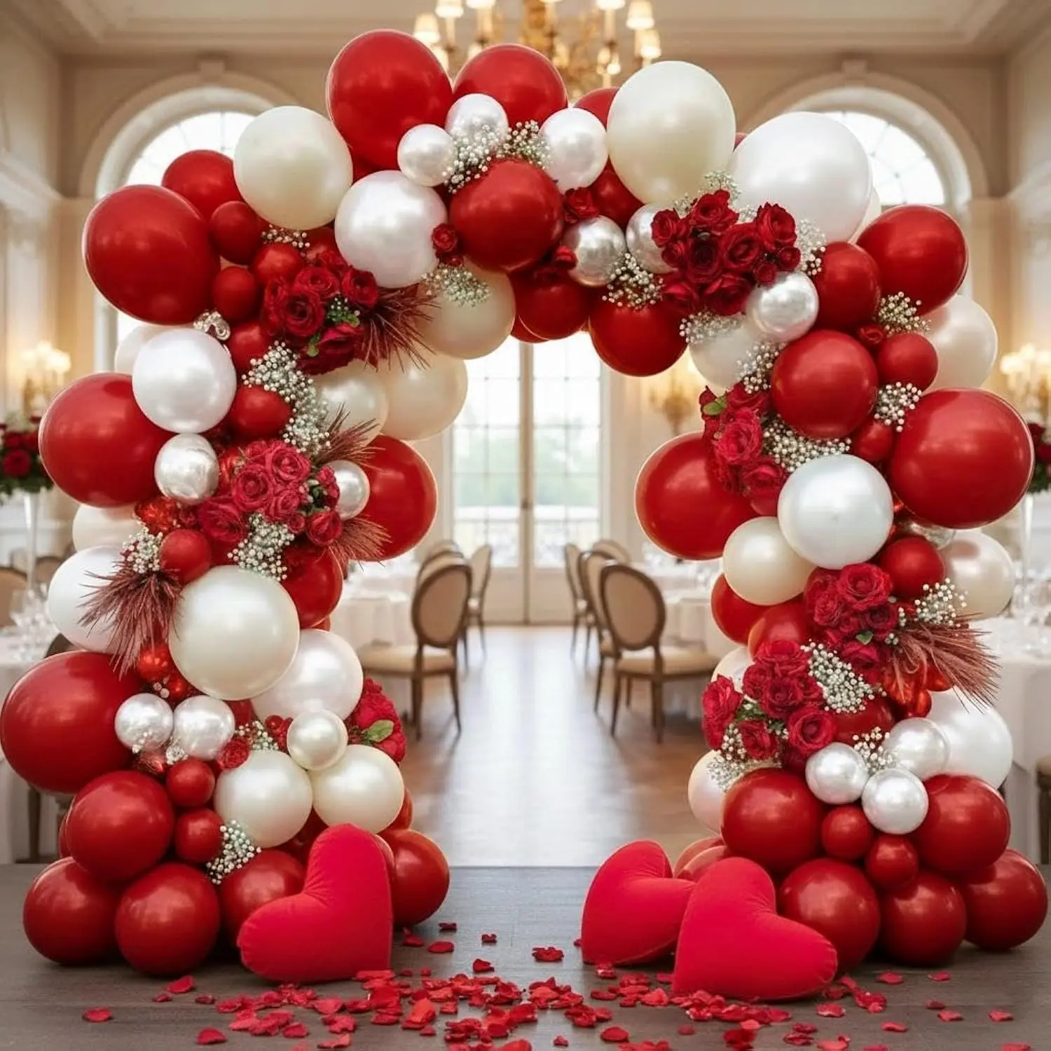 Double-Stuffed Red & White Balloon Garland with Burgundy & Pearl White for Weddings & Celebrations