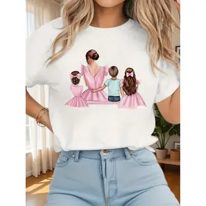 Plus Size Mother Daughter and Parent Illustration Graphic Print Casual Top for Summer and Spring