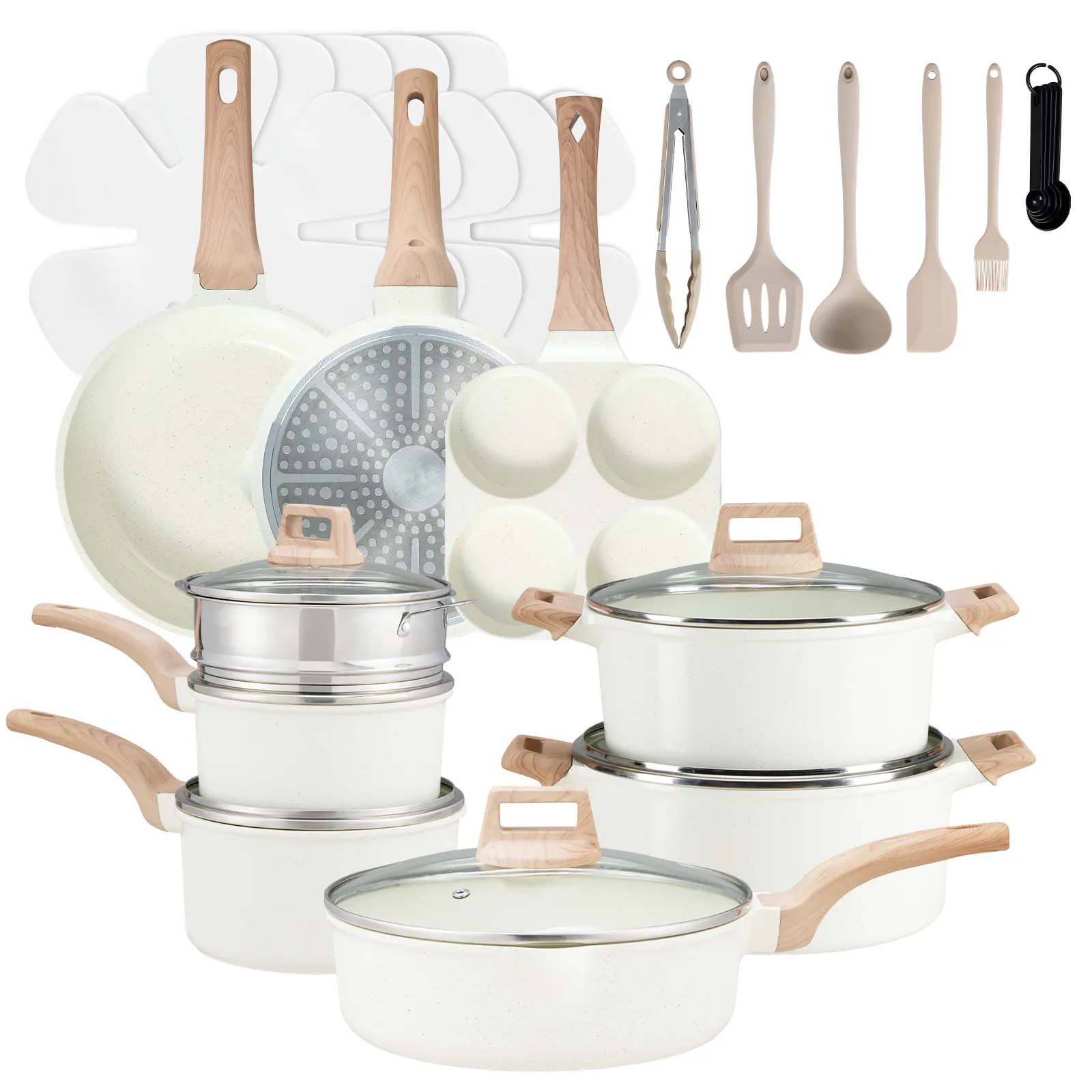 Sweetcrispy 25-Piece Sturdy Non-Stick Ceramic Granite Cookware Set - Lightweight Aluminum Cooking Pot Set, Glass Lids, Stay-Cool Handles, Induction Compatible, Anti-Adherent Household Items for Healthy Cooking, Nonstick Cookware Sets