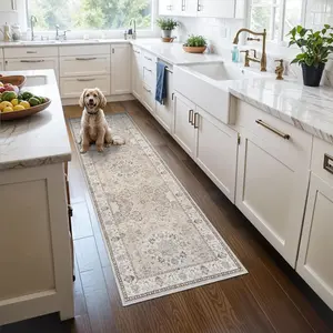 (2x6) Washable Runner Rug, Vintage Soft Kitchen Laundry Runner with Non Slip Backing Farmhouse Entryway Living Room Floor Mat Stain Resistant Carpet for Bedroom Bathroom Distressed Beside Rug, Beige Colour