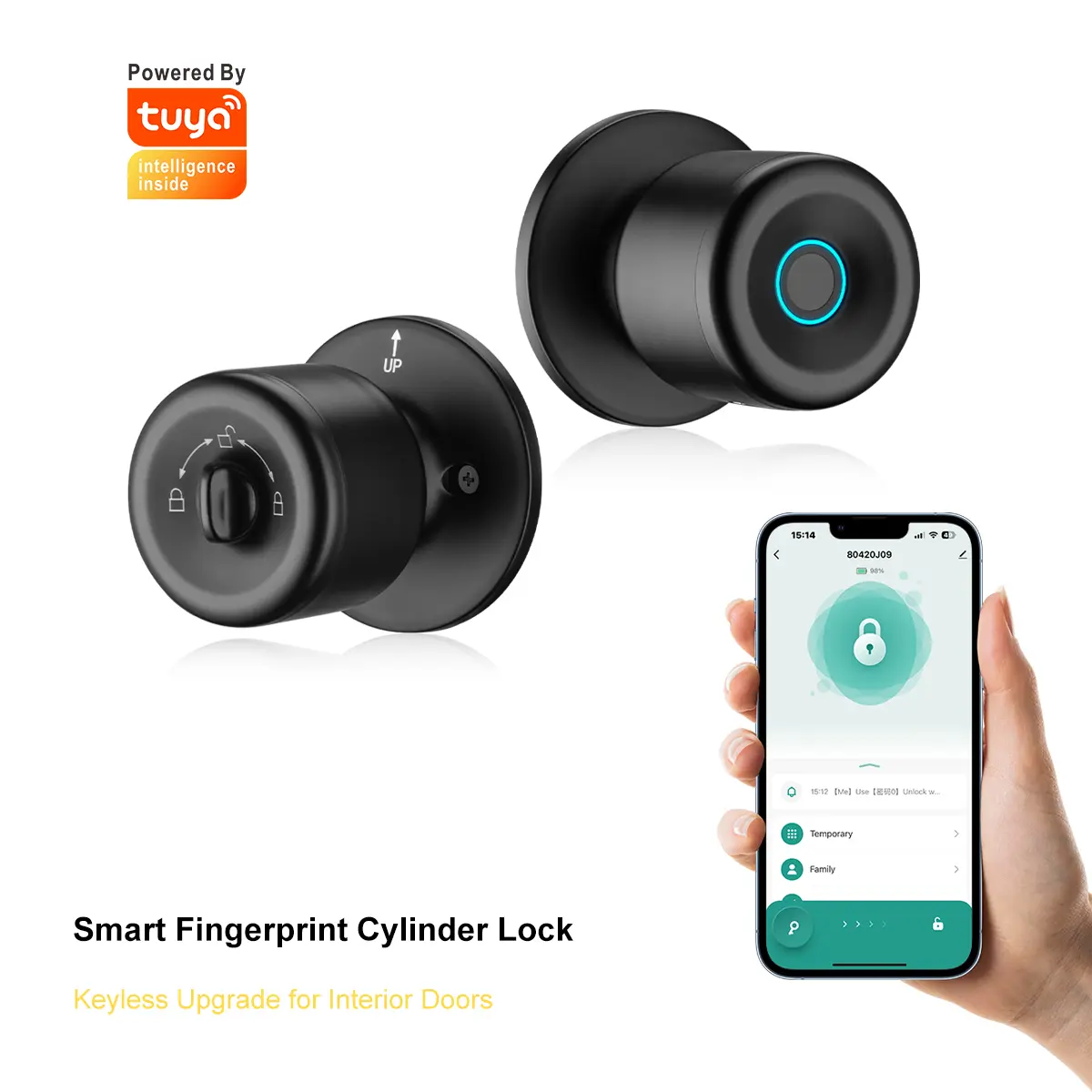 3-in-1 Smart Door Lock with Black Cylinder, ABS Handles, 0.3s Fingerprint, Bluetooth App Control, Backup Keys, Local Data Storage, Wrong Try Alarm Deters, Easy Installation, Fits 30-55mm Doors, Smart Home Gadgets for Home Bedrooms/Offices, Apartments