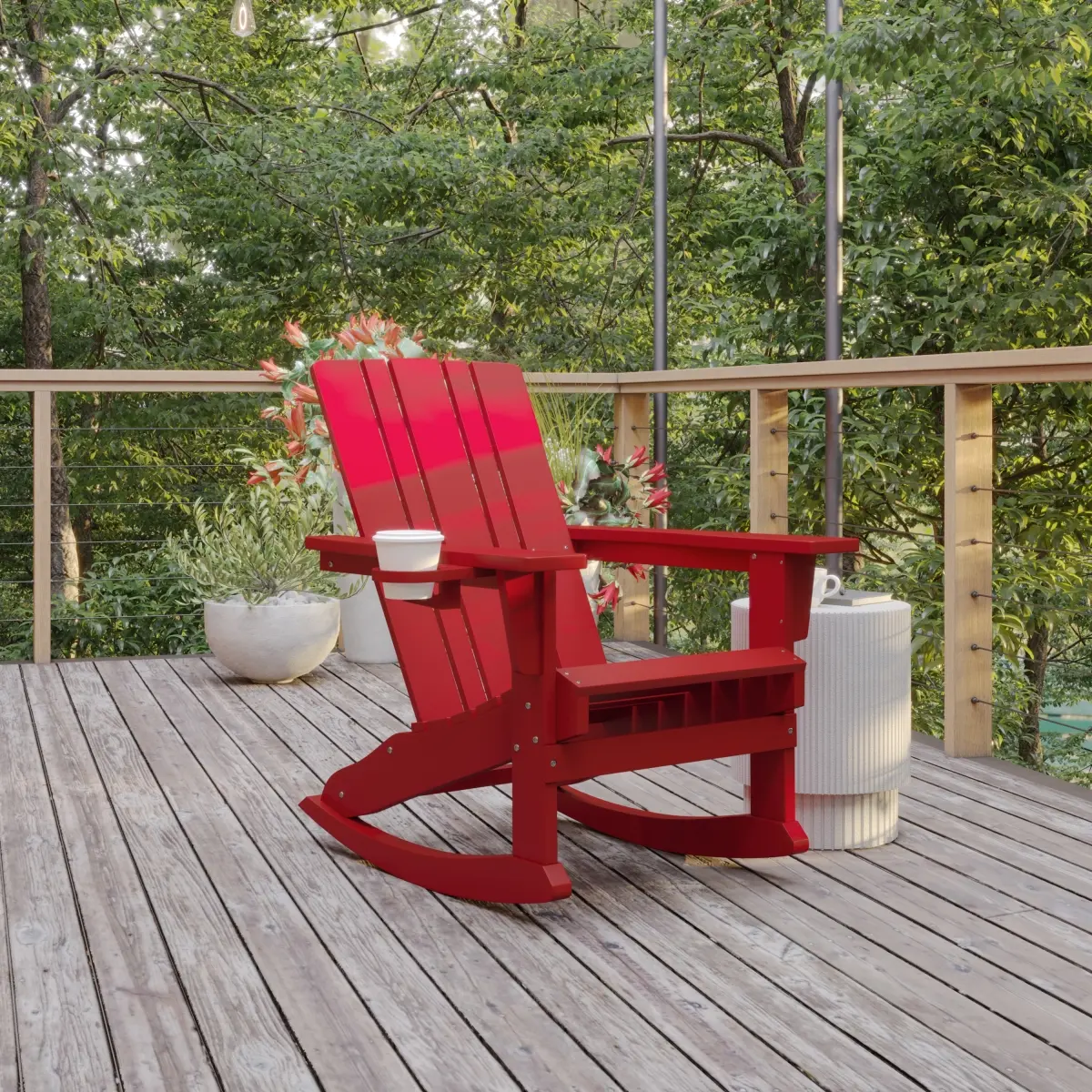 Flash Furniture LE-HMP-1045-31-RD-GG Halifax Adirondack Rocking Chair with Cup Holder, Weather Resistant HDPE Adirondack Rocking Chair in Red