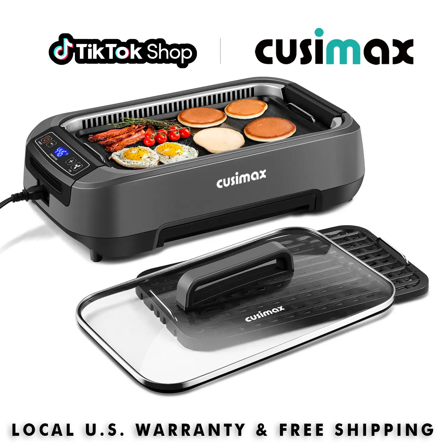 CUSIMAX 1500W Nonstick Smokeless Electric Indoor Grill - Korean BBQ Style, Small Footprint, Removable Plate, LED Display, Tempered Glass Lid, Grill Rack, Grey for Indoor Cooking, Nonstick Smokeless Grills,SummerFinds,home essentials tiktokshopbacktoschool