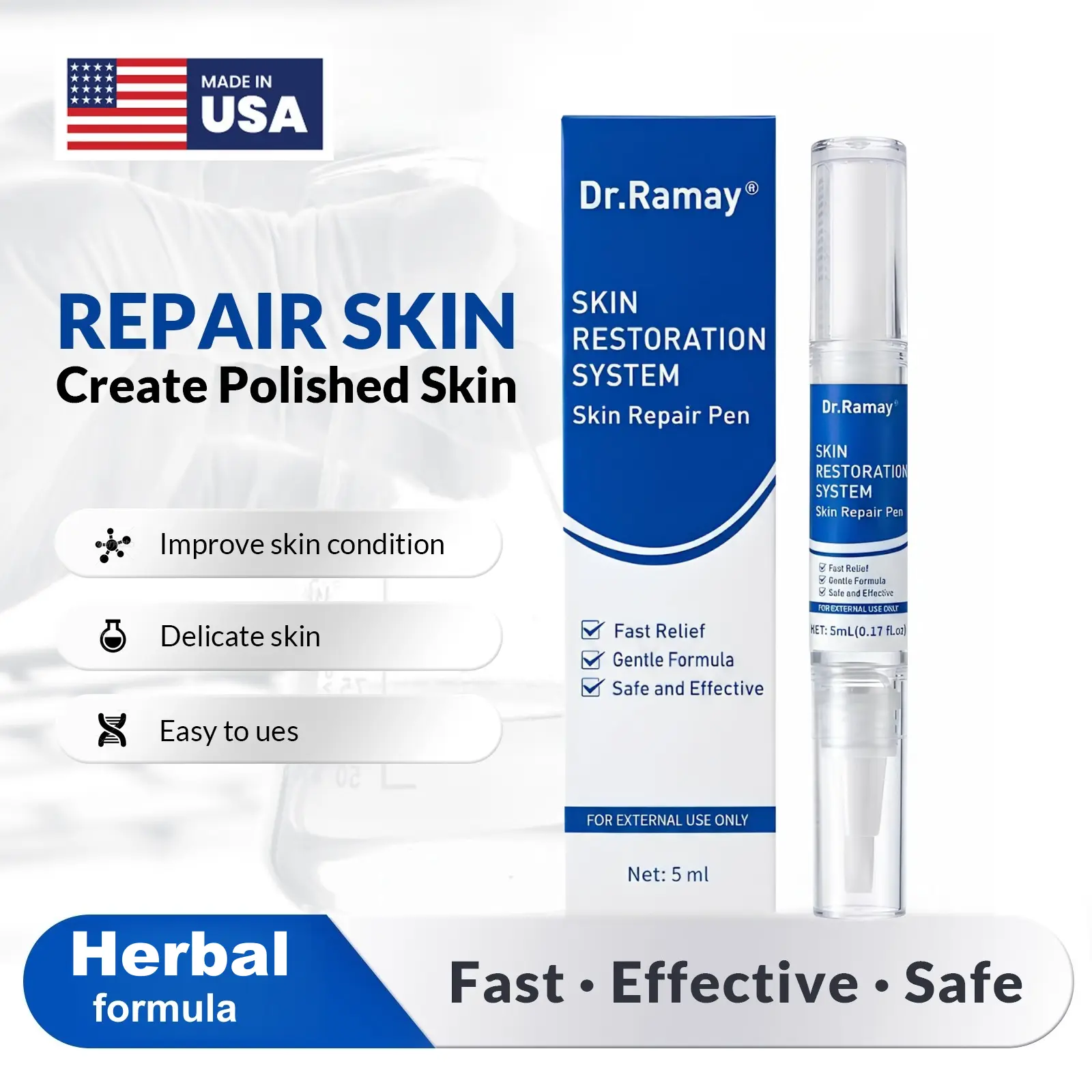 DR.RAMAY Skin Care Pen - 5ml Plant-Based Serum with Hyaluronic Acid, Gentle Herbal Liquid for Daily Smoothing & Skin Repair, Non-Toxic, Sulfate-Free, Sustainable, Unscented for Face