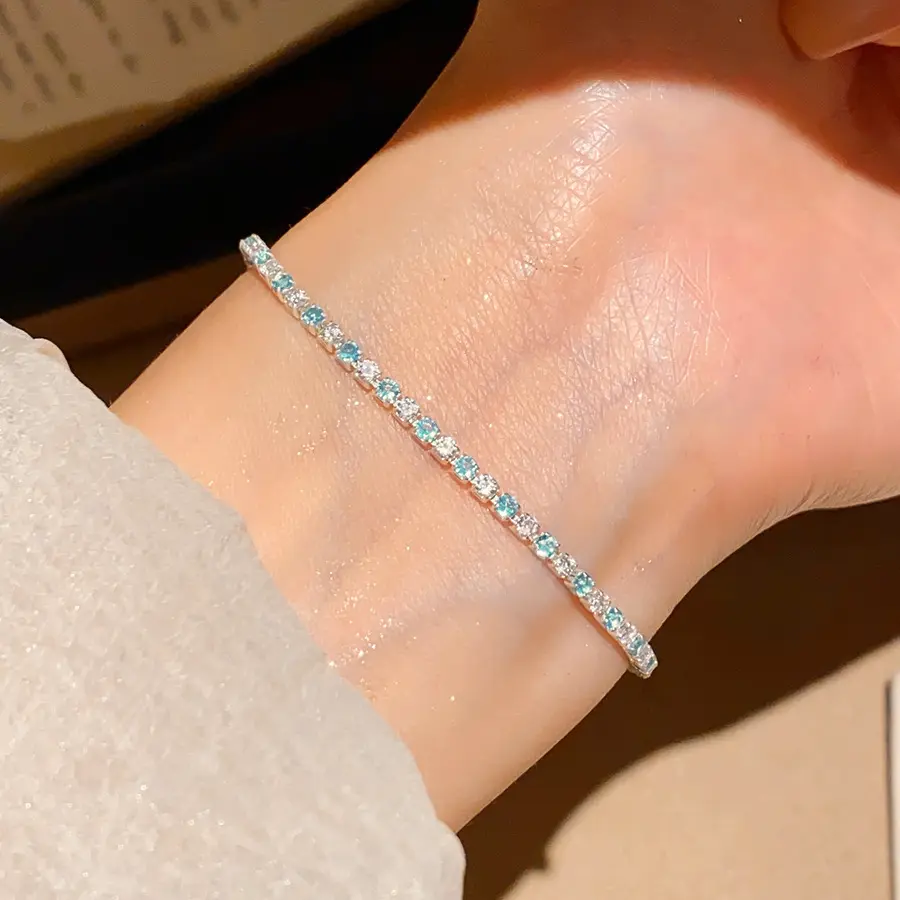 Women's Silver-Plated Blue CZ Tennis Bracelet - Minimalist Dainty Modern Jewelry, Sparkly Crystal Bracelet for Everyday Summer Wear